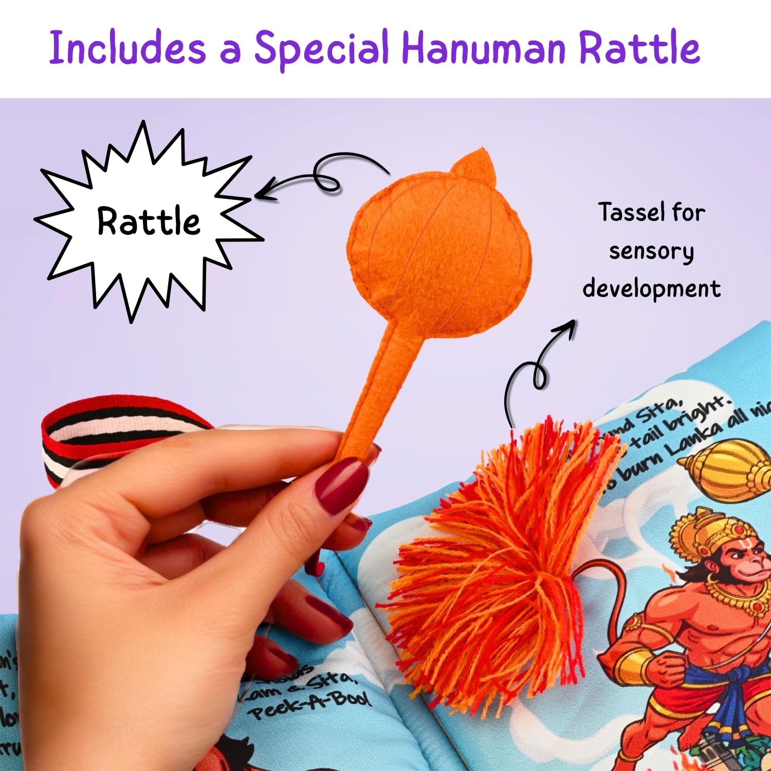 Seraphina My First Ramayan Cloth Book | Interactive Soft Baby Toy with Textures, Rattle & Zipper | Diwali & Dussehra Themed Toy for Ages 0-2 Years | Montessori Sensory Toys for Babies - Image 6 thumbnail