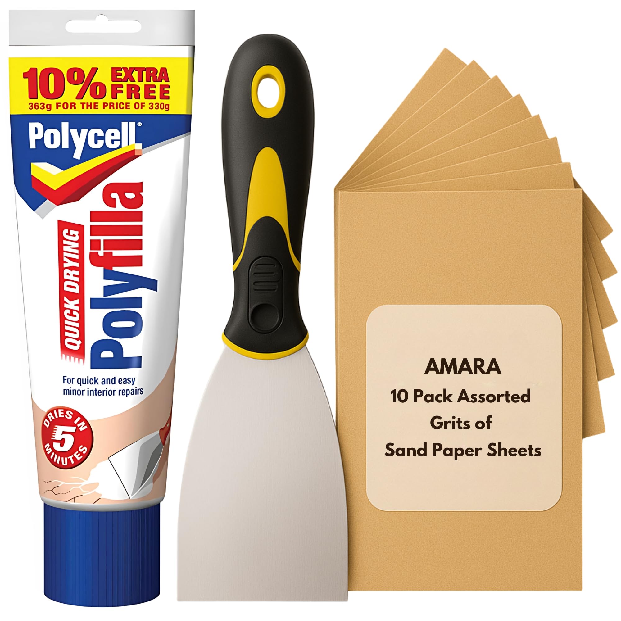 Wall Repair Bundle with Polyfilla Quick Drying, 3" Paint Scraper & 10pc Sandpaper for Wood & Walls – Ready Mixed Polyfiller, Ideal Wall Hole Filler, DIY Caulk White Set