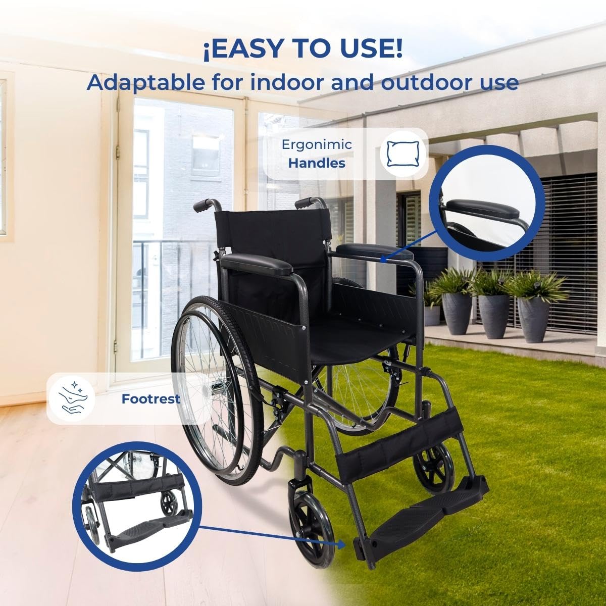 Mobiclinic, Wózek inwalidzki składany, Denver, Siedzisko 46 cm, Hamulec ręczny, Zdejmowane oparcie, Składany podnóżek, Odporny, Dla niepełnosprawnych, Szary