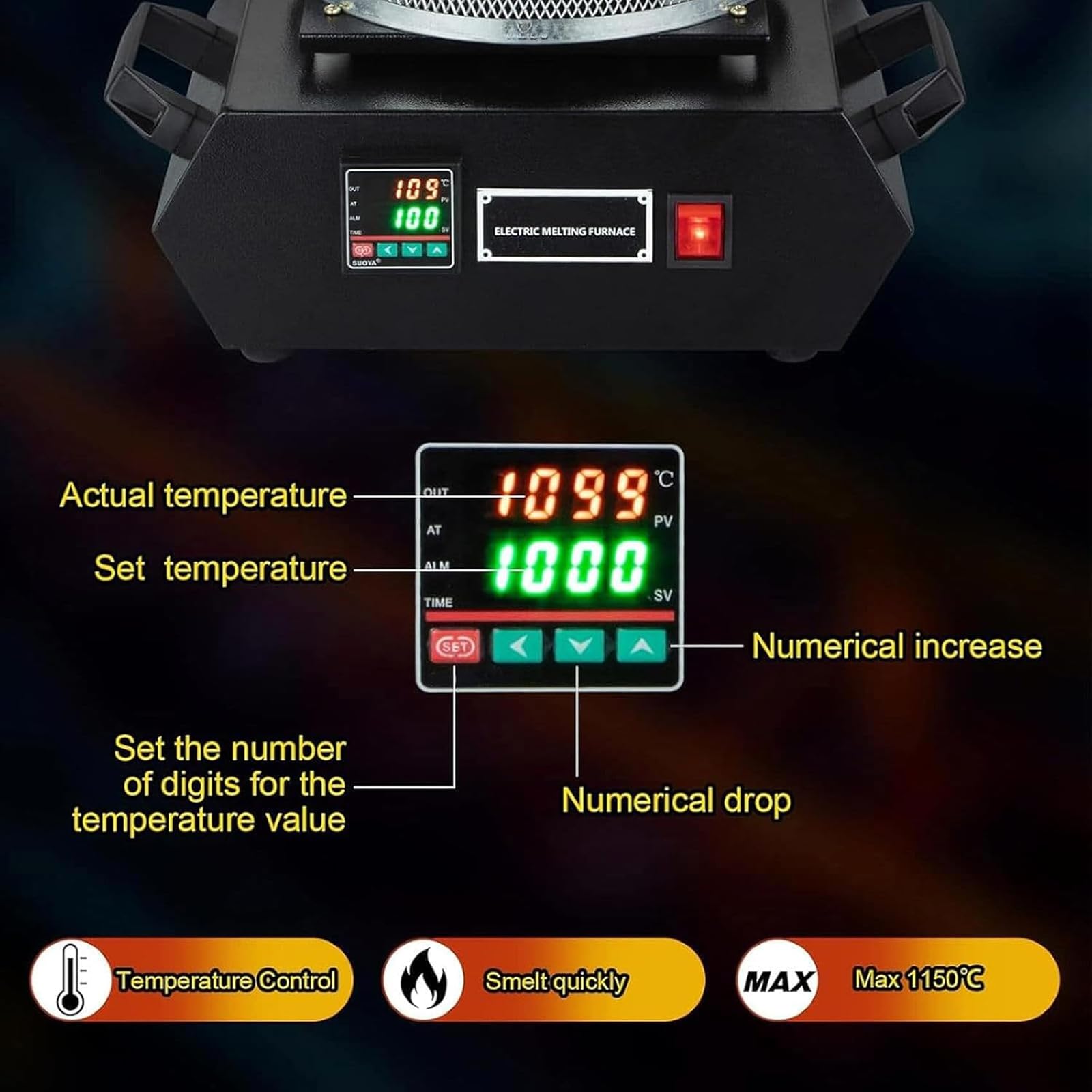 Elektryczny piec do topienia, ulepszona cyfrowa regulacja temperatury 1,150.0 °C, narzędzie do odlewania biżuterii 1500 W do topienia aluminium, złota, srebra i miedzi