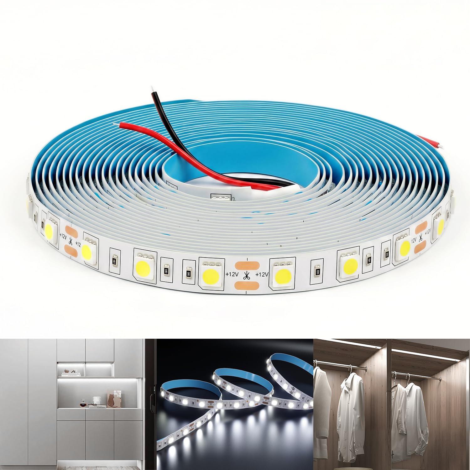 Arotelicht LED Strip 16.4ft/5M 300LEDs Flexible Strip Cuttable SMD5050 Tape Lights for Kitchen Home Cabinet Mirror Door (No Power Supply/Plug) (5M 12volt, Cool White)