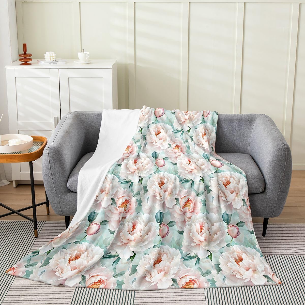Erosebridal Pink Floral Blanket Queen 90x90 Girly Romantic Flowers Fleece Flannel Blanket for Bed Sofa Crib Vintage Bohemian Style Fuzzy Plush Throw Garden Plants and Bordered Design Bedroom Decor