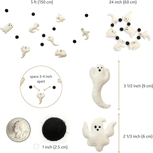 Miniatura 5 de Glaciart One Bolas de fieltro + guirnalda de fantasmas  Decoración de pancarta de fiesta de Halloween fácil de colgar  100% lana de Nueva Zelanda,