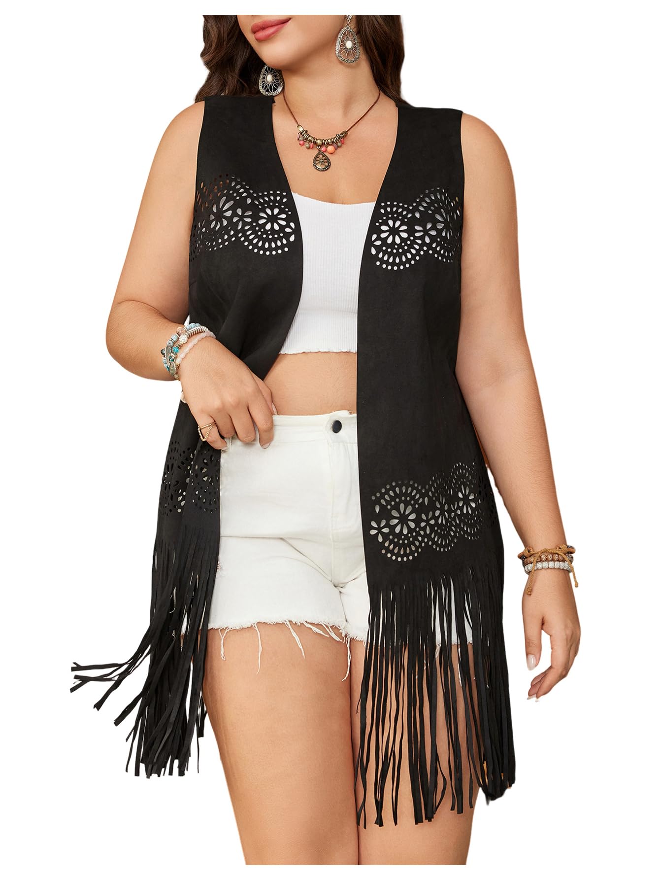Womens Plus Size Tassel Vest Sleeveless Floral Fringe Waistcoat 70s Hippie Faux Suede Vest Tops