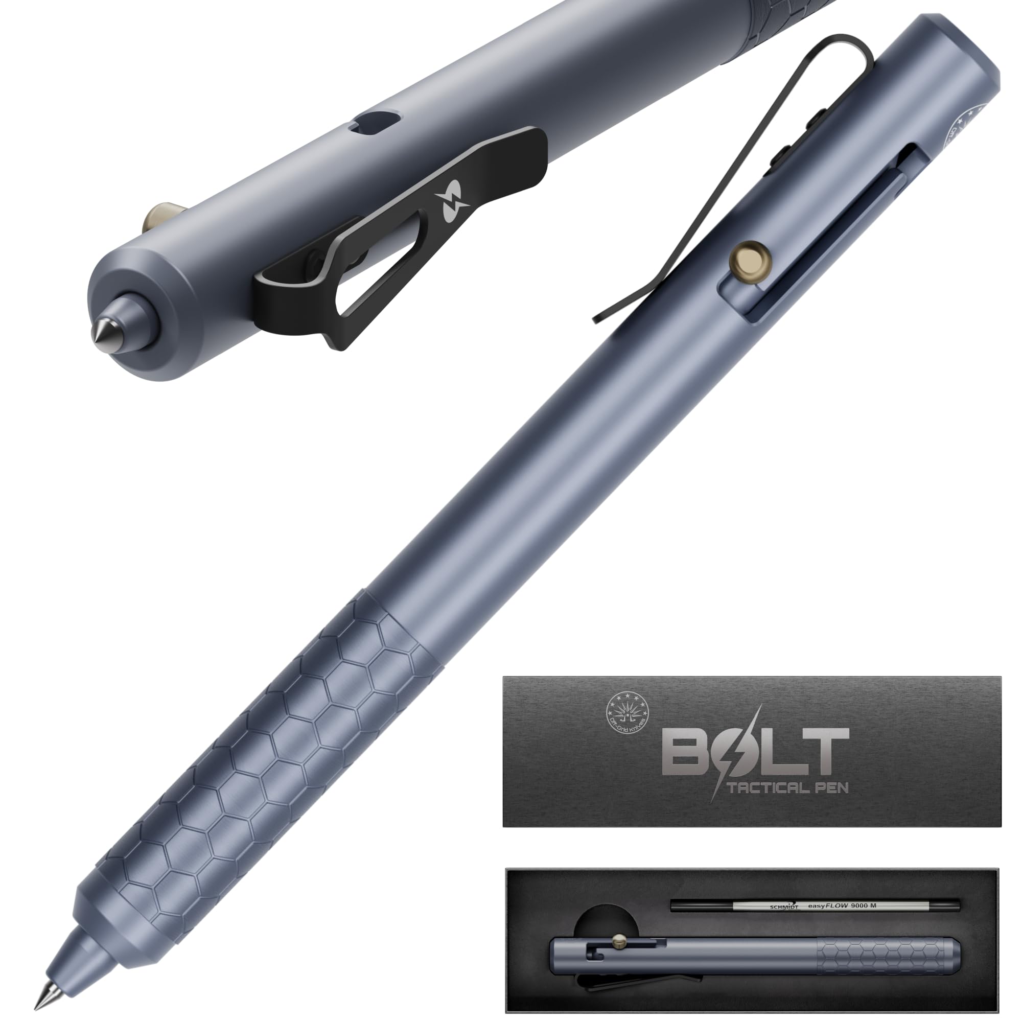 Off-Grid Knives BOLT Tactical Pen with Tungsten Carbide Glass Breaker, Overbuilt Bolt Action XL Writing Tool, Aircraft Aluminum, German Ink, Stainless Steel Clip (Stealth Gray)