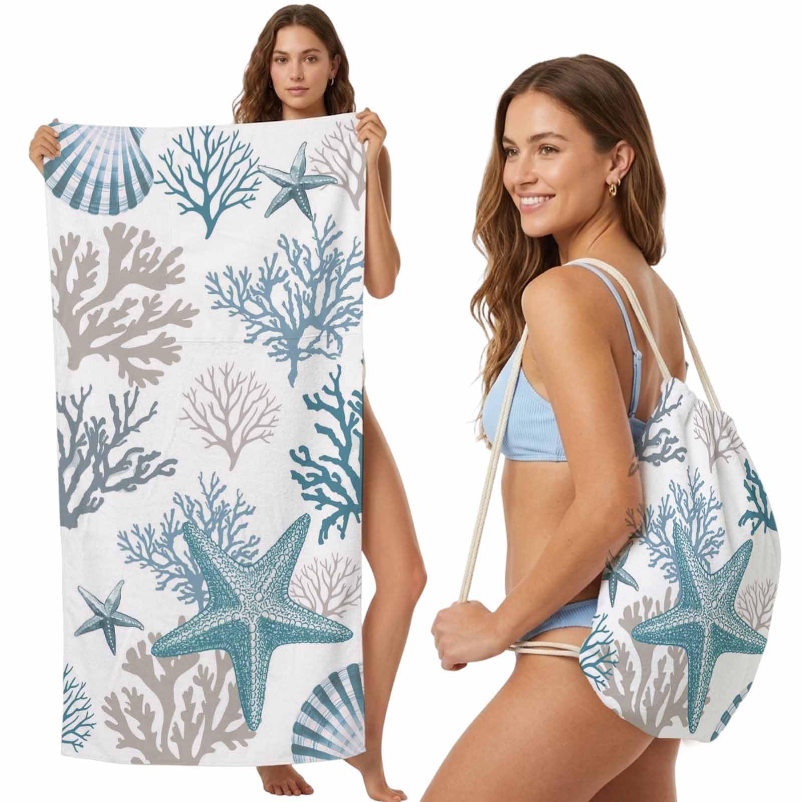 Beach Towel Backpack, Watercolor Ocean Starfish Coral 2-in-1 Foldable Soft Microfiber Quick Dry Beach Towel 31.5x63in Summer Ocean Theme Shell Lightweight Pool Towels Bag for Travel, Yoga, Gym