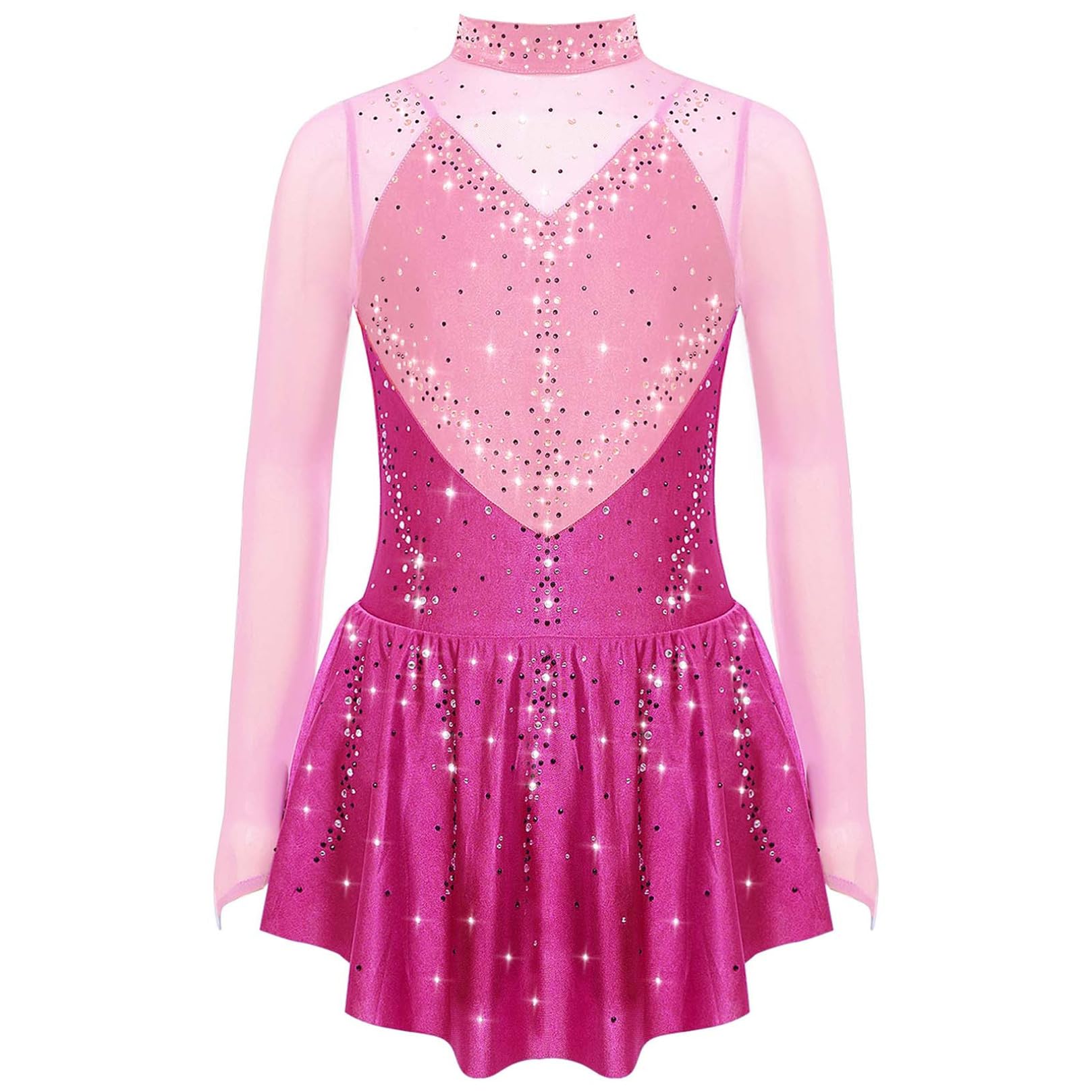 Robe Patinage Artistique Manches Longues Strass Justaucorps Gymnastique Enfant Fille 5-16 Ans