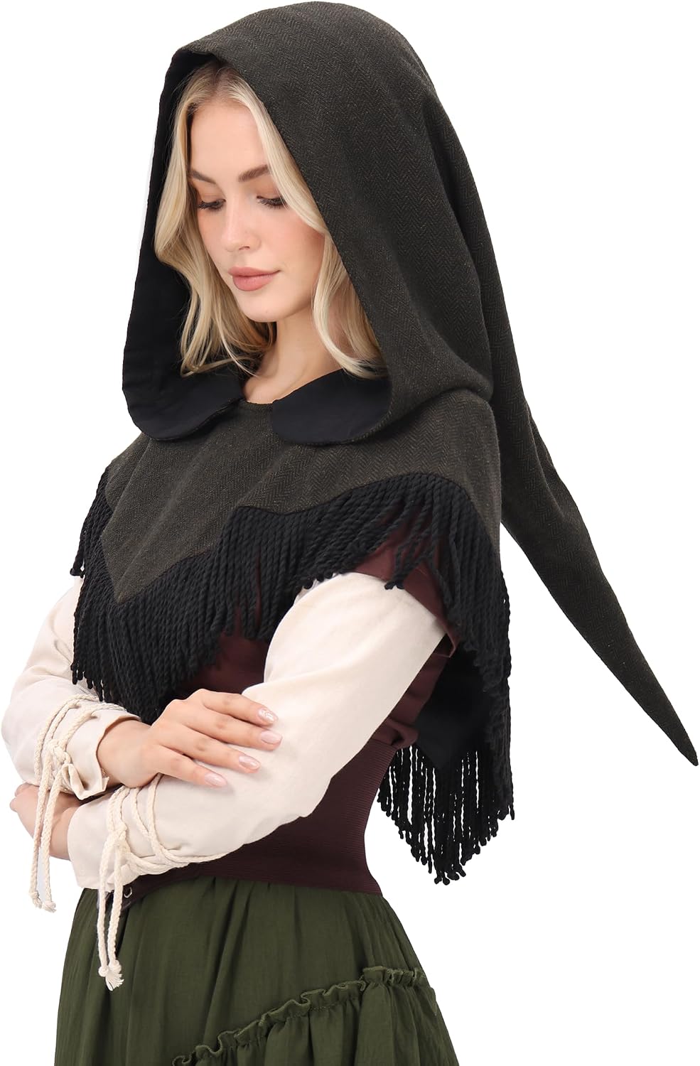 Men's Renaissance Hooded Cowl Hood with Tassel, Medieval Wizard Cape Women Ren Faire Hat Shawl
