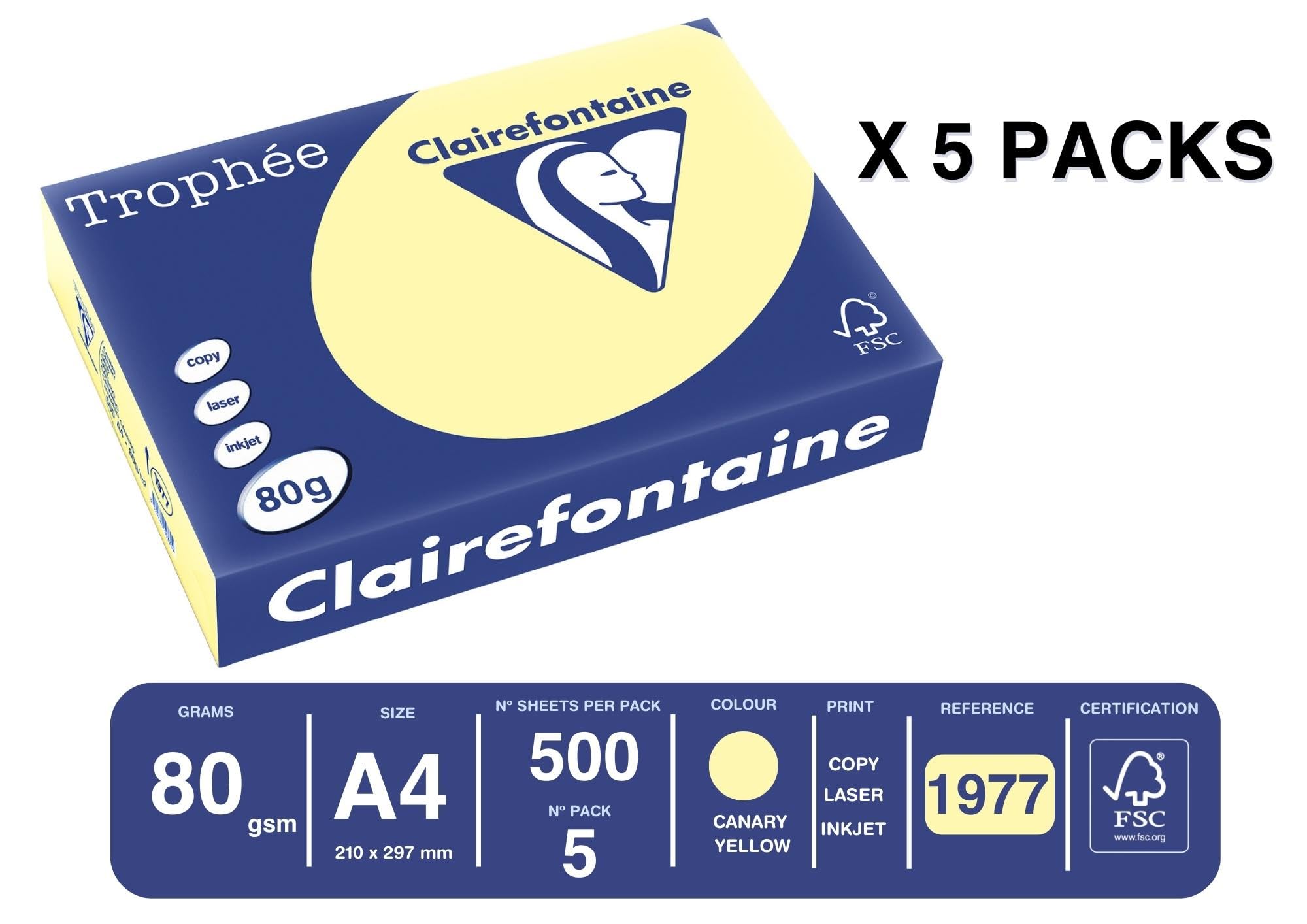 Clairefontaine 1977C - Karton mit 5 Ries Druckerpapier / Kopierpapier Trophee, intensive Farben, DIN A4, 80g, 500 Blatt x 5, Kanariengelb, 1 Karton