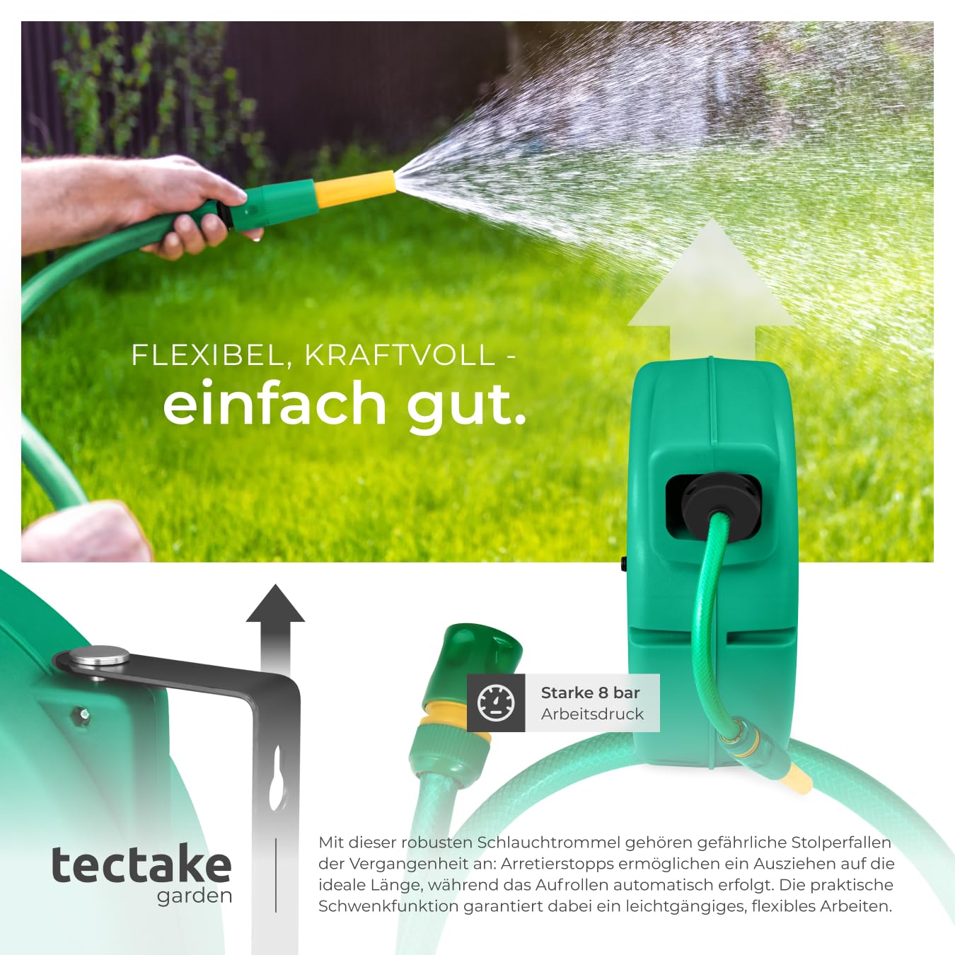 tectake® Schlauchtrommel Wandmontage, Gartenschlauch 1/2 Zoll, Wasserschlauch Aufroller, Schlauch Trommel mit Einzugsautomatik, Schlauchrolle, Wasserschlauchtrommel, Sprühschlauch, Hose Reel - 20m