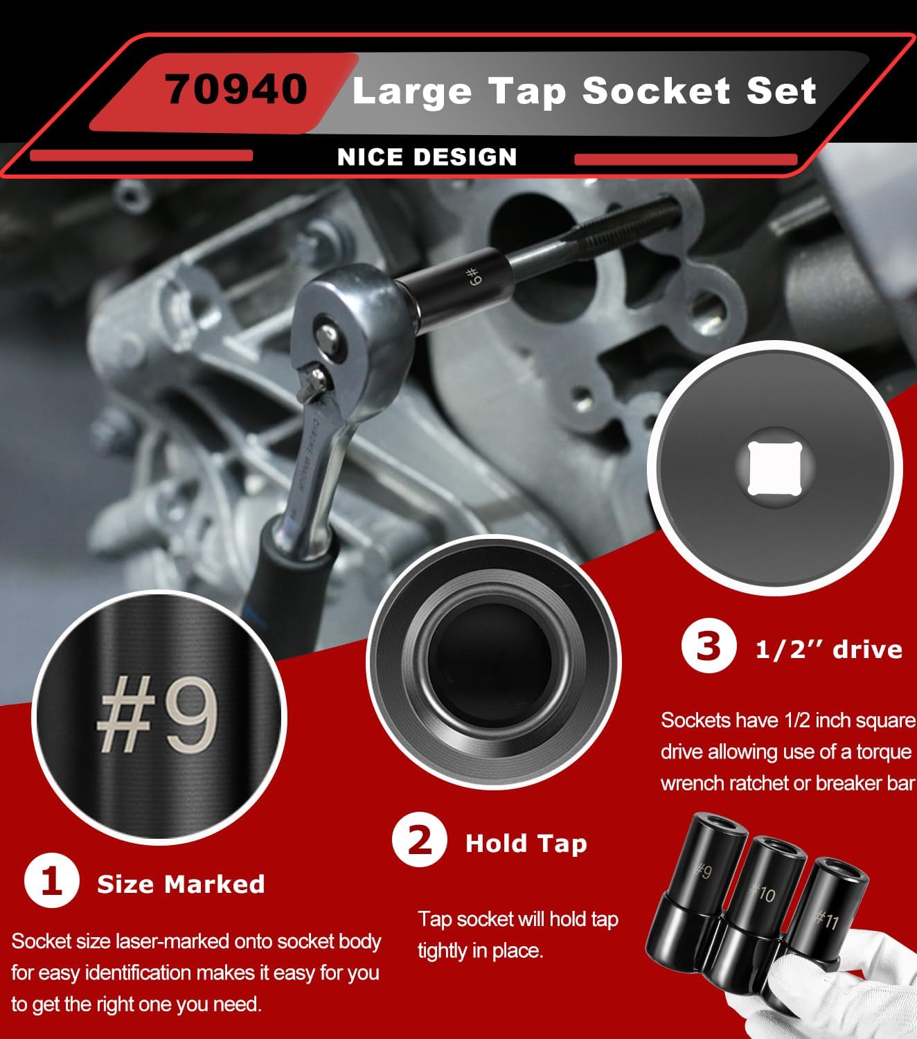 70940 Large Tap Socket Set, 3 PC. Tap Socket Adapter Compatible with M.C.T.I. Standard Taps 5/8", 11/16", 3/4", Number and Fractional 70940, 70860, 70880, 70900, 70970