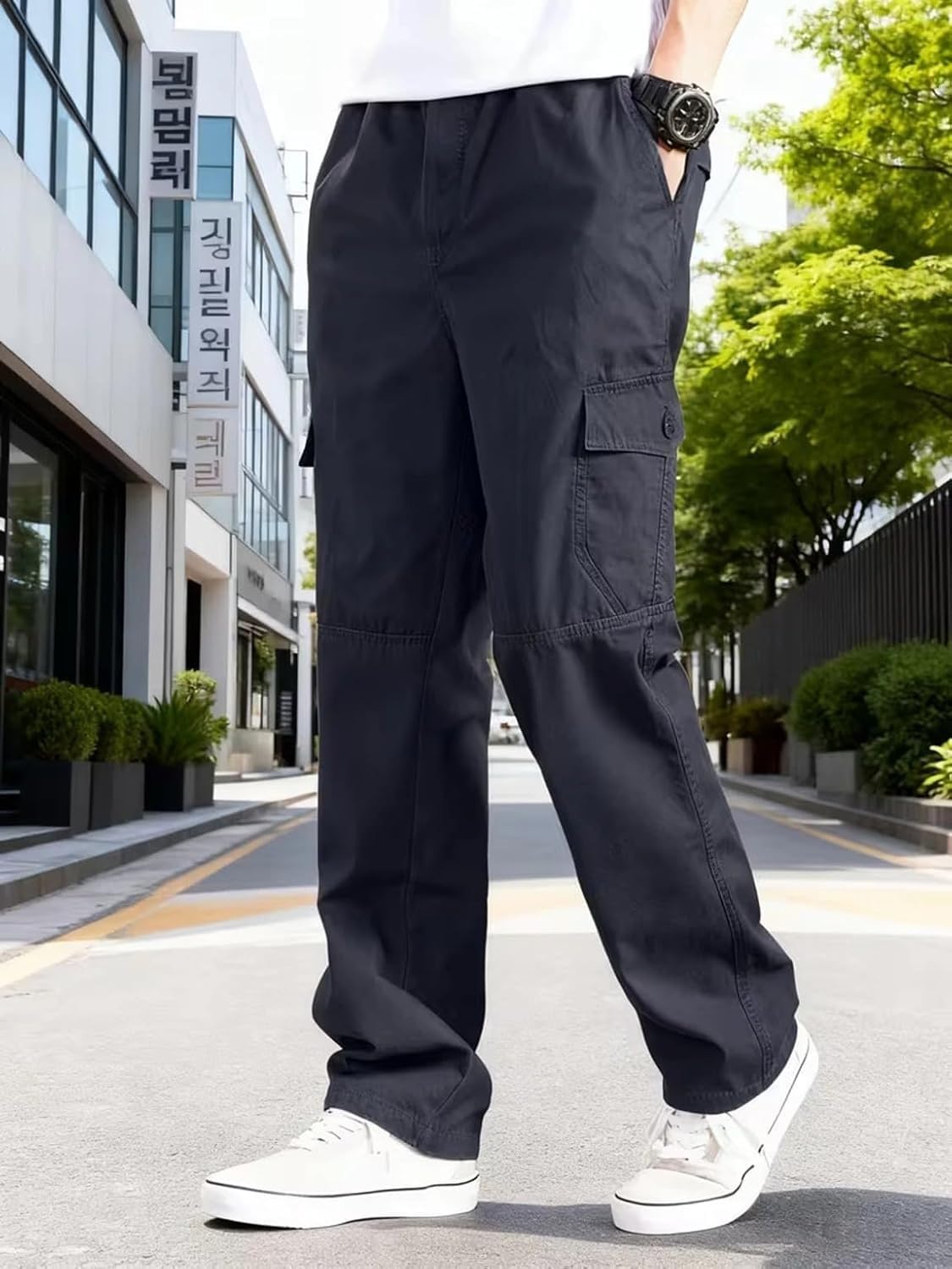 dbax Men’s Cargo Pants | Relaxed Fit Multi Pocket Cargo Trousers for Men | Casual Solid Black Utility Pants with Elastic Waist (in, Alpha, Regular)-picture-19