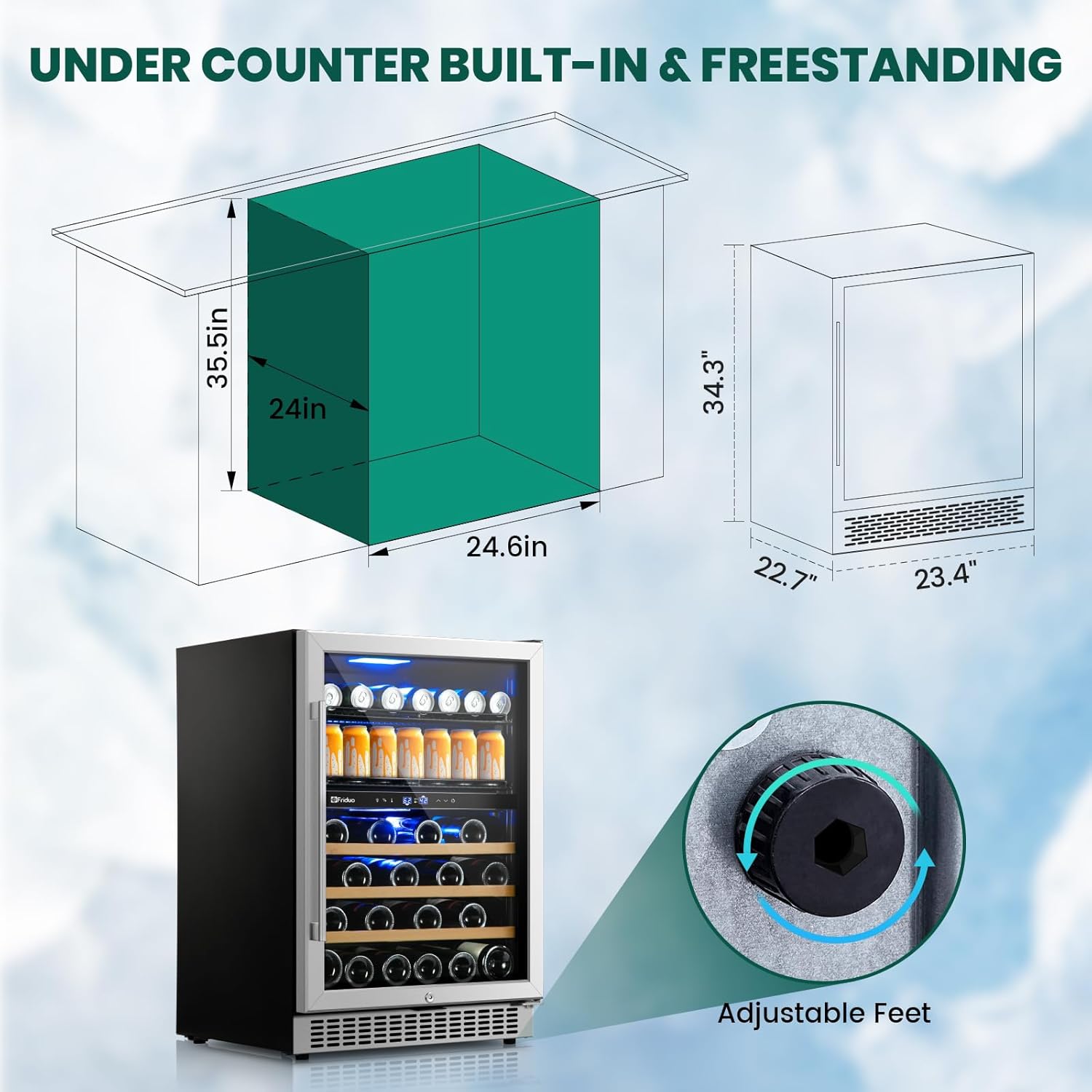 24 Inch Beverage Refrigerator,30 Bottles & 82 Cans Dual Zone Beverage Fridge Built-In or Freestanding With Glass Door for Soda, Wine, Water - For Kitchen, Bar Or Office