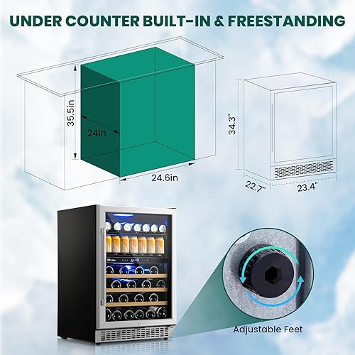 Miniatura 7 de Refrigerador de bebidas de 24 pulgadas, 30 botellas y 82 latas, refrigerador de bebidas de doble zona integrado o independiente con puerta de vidrio