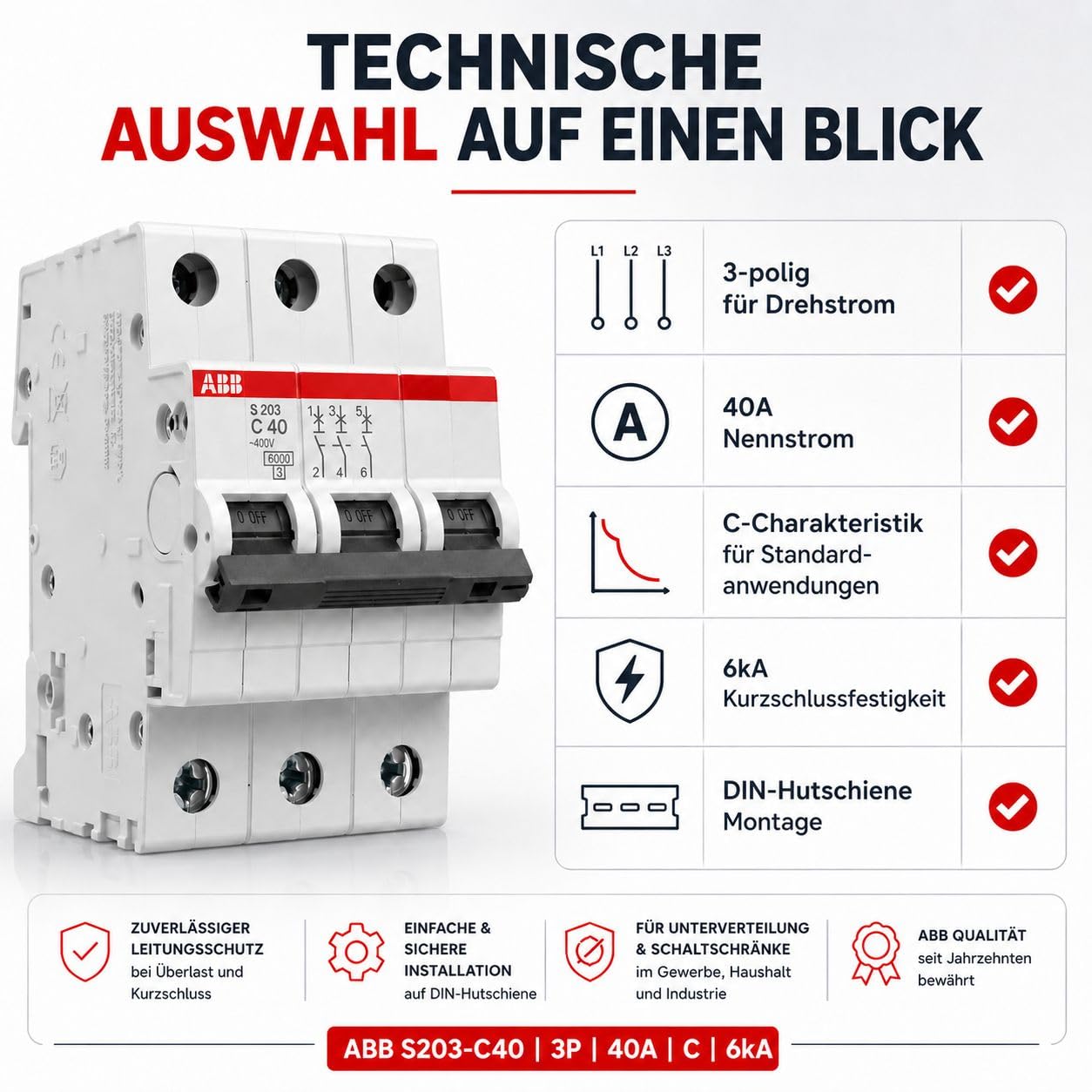 ABB S203-C40 Leitungsschutzschalter 3-polig C40A 6kA, Sicherungsautomat Drehstrom 400V, LS-Schalter für Hutschiene, Leitungsschutzschalter 40A, System pro M compact, DIN EN 60898-1