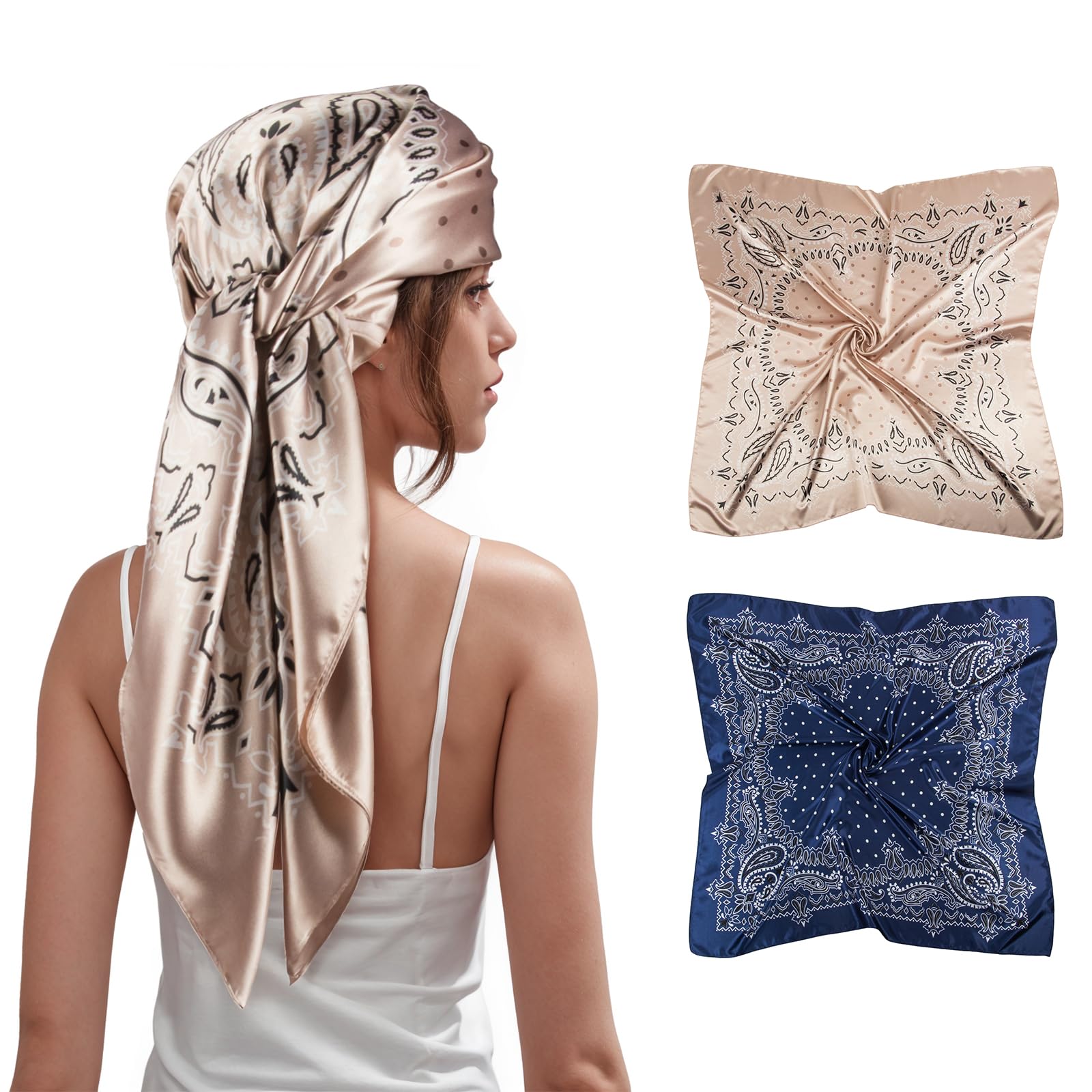 SWAT PANY 2 Pcs Head Scarf for Women Like Satin Head Scarf Silk Scarf for Women Hair Wrap Sleeping 35 x 35 Inches