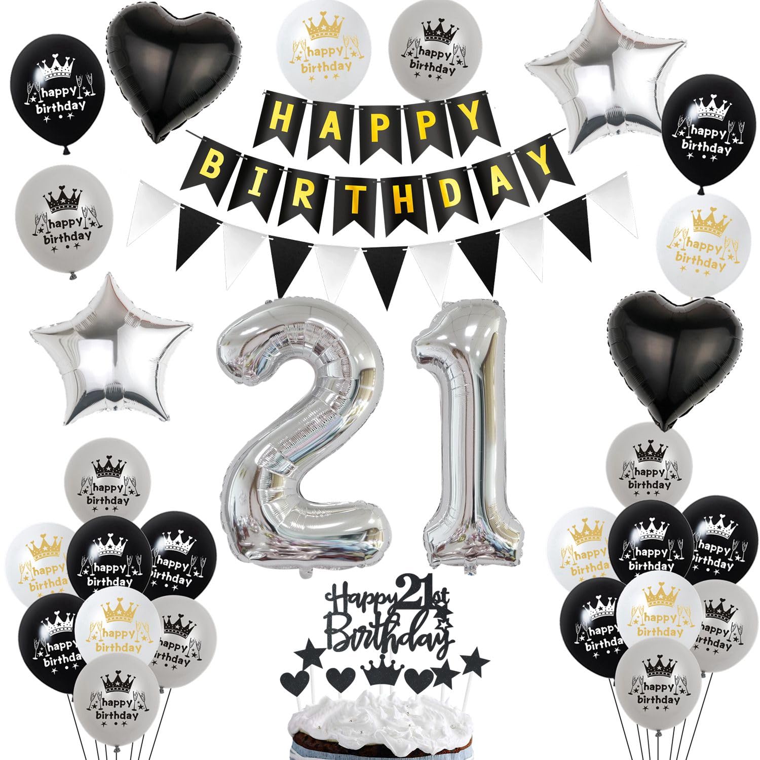 Luftballon 21. Geburtstag Dekoration Schwarz Silber Tortendeko Geburtstag 21 Jahre Mann kuchen deko 21 Frauen Mann,ballon 21. Männer Frauen,Geburtstagsdeko 21 Jahre