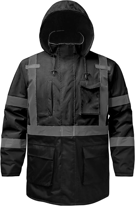 Reflective Jacket, High Visibility Parka, Waterproof Hi Vis, Safety Jacket with Removable Hood and Zipper, ANSI Class 3 (Black,3XL)
