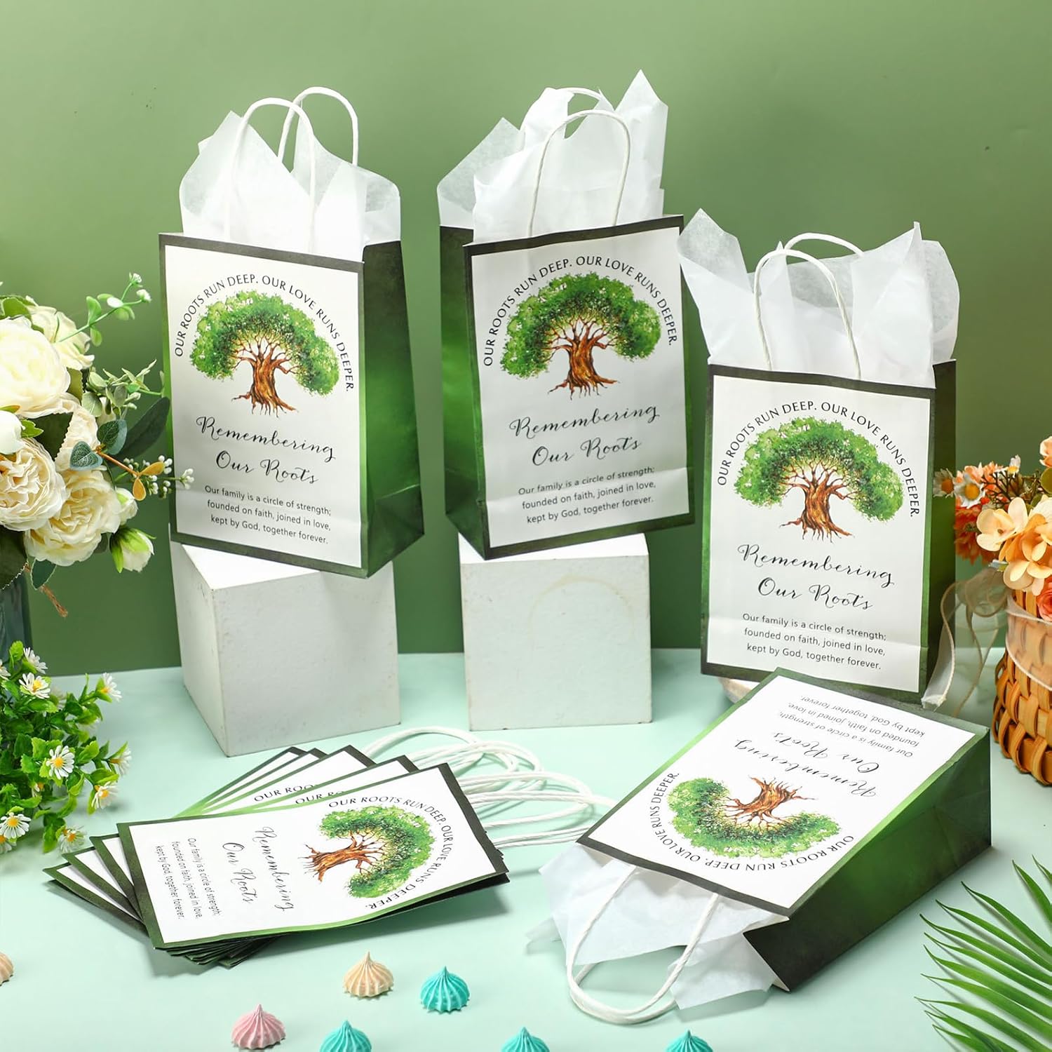 Kolldenn 50 Sets Family Reunion Party Favor Gift Bags with Handles Bulk Family Tree Remembering Our Roots Kraft Treat Goody Bags with Tissue Paper for Family Gathering Party Supplies Decorations