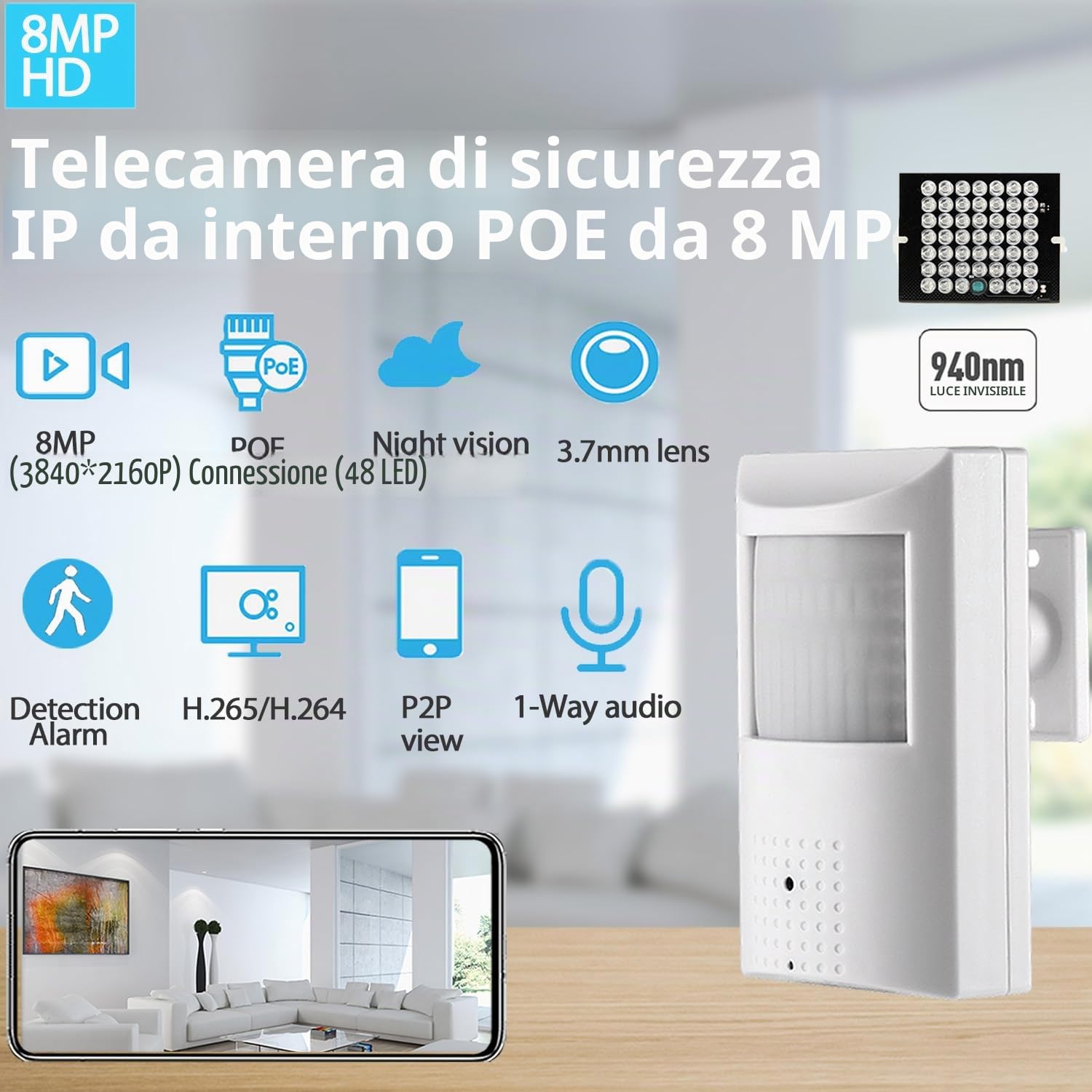 UltraHD 4K (8MP) POE IP Camera Audio, PIR 940nm IR LED IR Visione notturna CCTV Cam con microfono, 3,7 millimetri Lens Indoor Security Camera P2P H.265 (IPIR-P-A-HS82 Bianco)