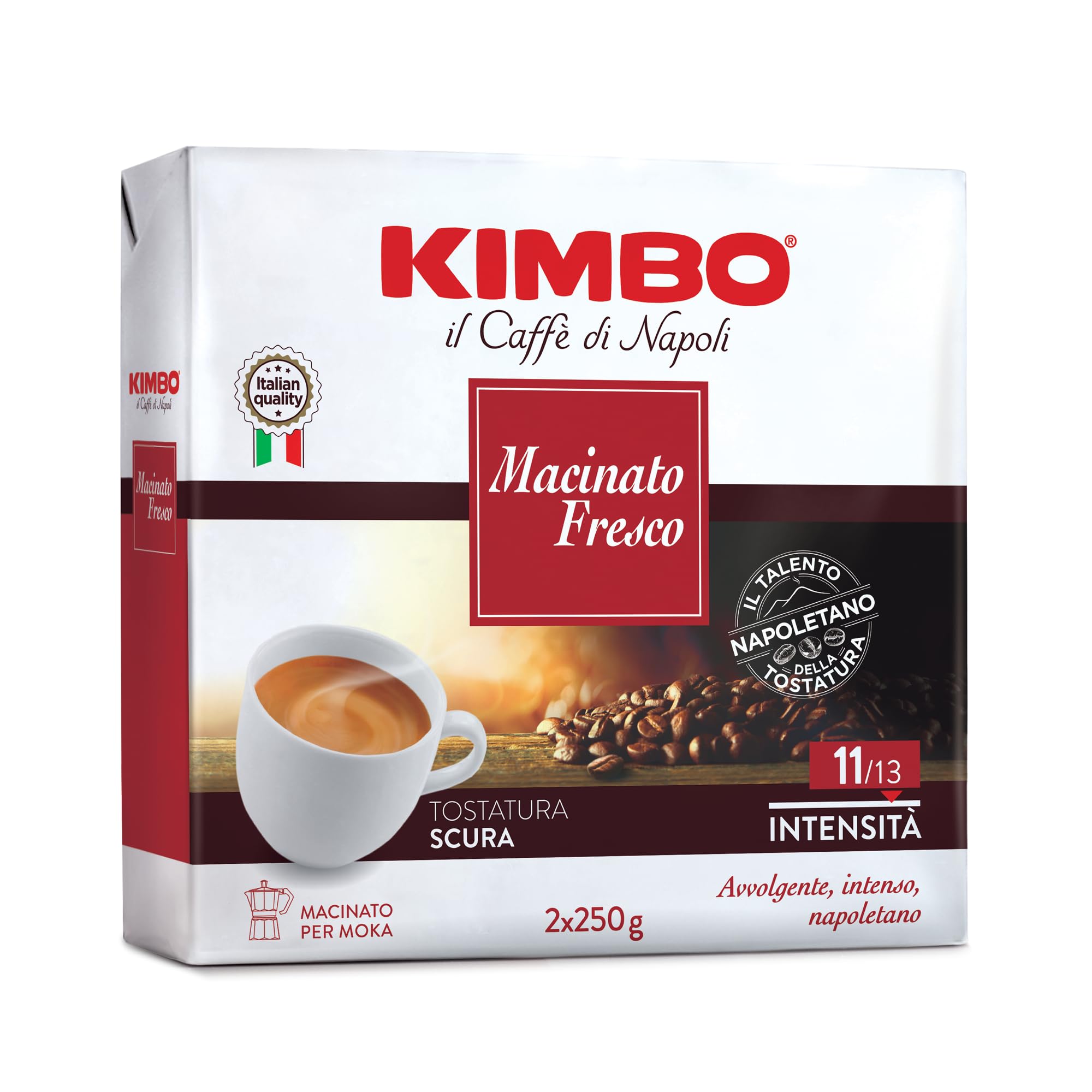 Kimbo, Caffè Macinato, 2x250gr, Miscela Macinato Fresco, Ideale per Moka, Intensità 11/13, Tosctatura Scura, 2 Confenzioni da 250 gr