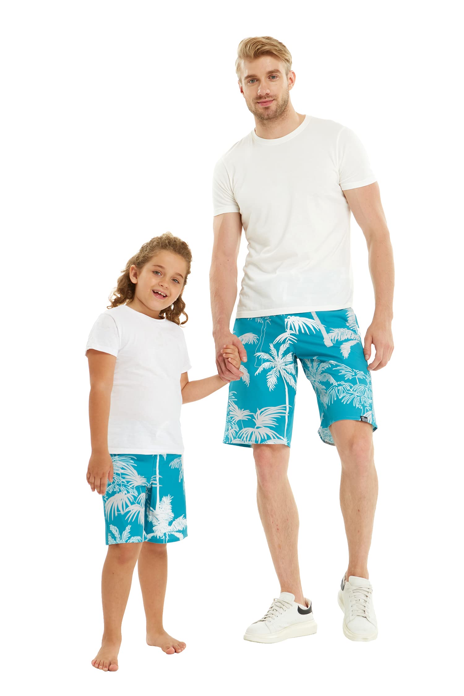 Boy's Spandex Hawaiian Beach Board Shorts with Elastic Tie and Pocket in Blue Palms in Gray 6