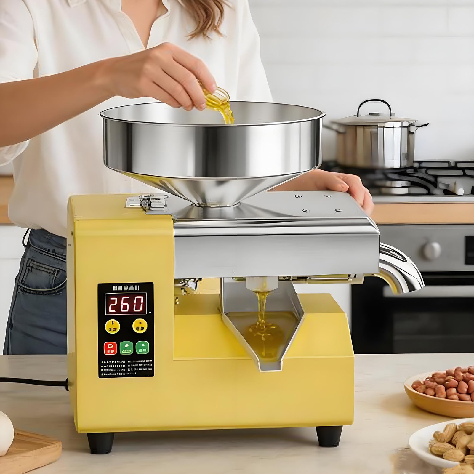 Prensa de Aceite eléctrica automática para Uso doméstico y Comercial - Extractor de Aceite Caliente/frío de Acero Inoxidable para Frutos Secos y Semillas, Cacahuetes, nueces y sésa