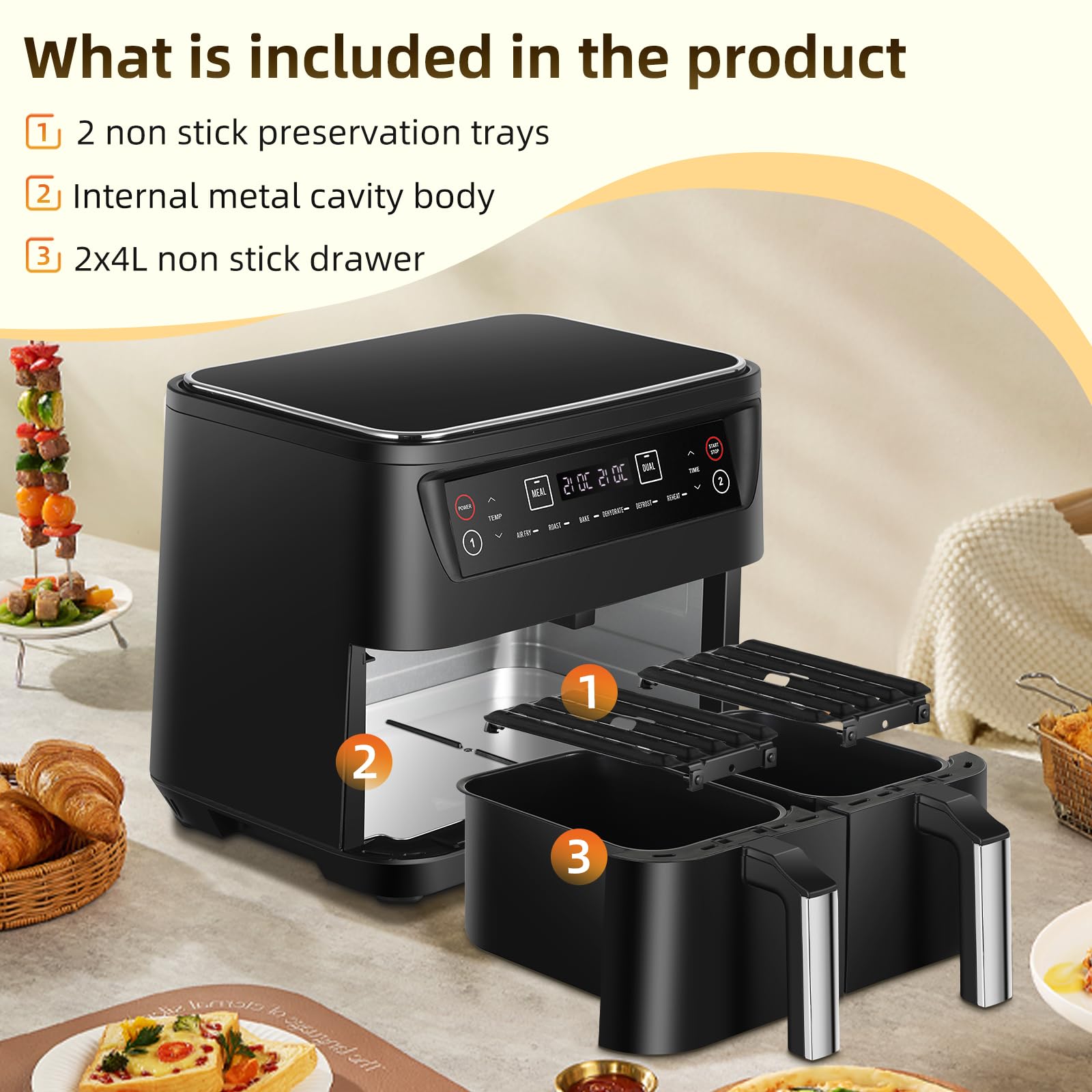 Micro Onde Friteuse Air Double Panier Panana 9.5L - 2400W - 8 Programmes - Cuisson Sain Et Rapide Cuisson Saine 2400w