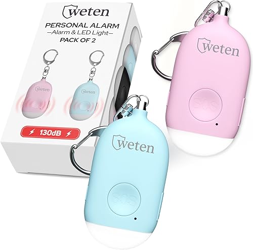 Weten Llavero de alarma personal recargable, sirena de 130 dB y luz LED, paquete de 2 alertas de seguridad personal para que las mujeres lo lleven,