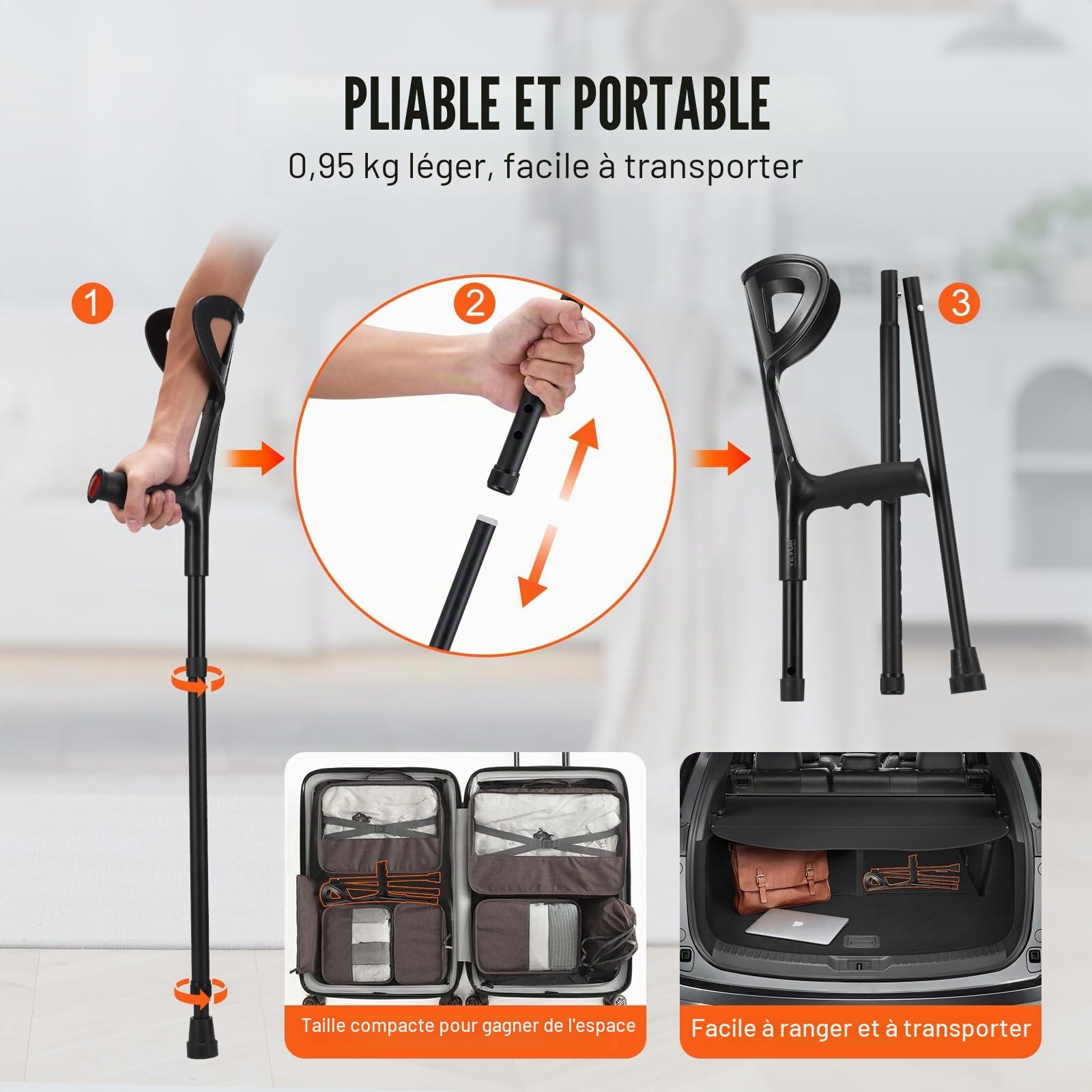VEVOR Béquilles d'Avant-bras 2PCS, Béquilles de Marche Pliables Réglable en Hauteur 10 Niveaux, Manche Supérieure Ouverte, Béquilles Médicales Légères, pour Adultes, Chirurgie, Blessure aux Jambes