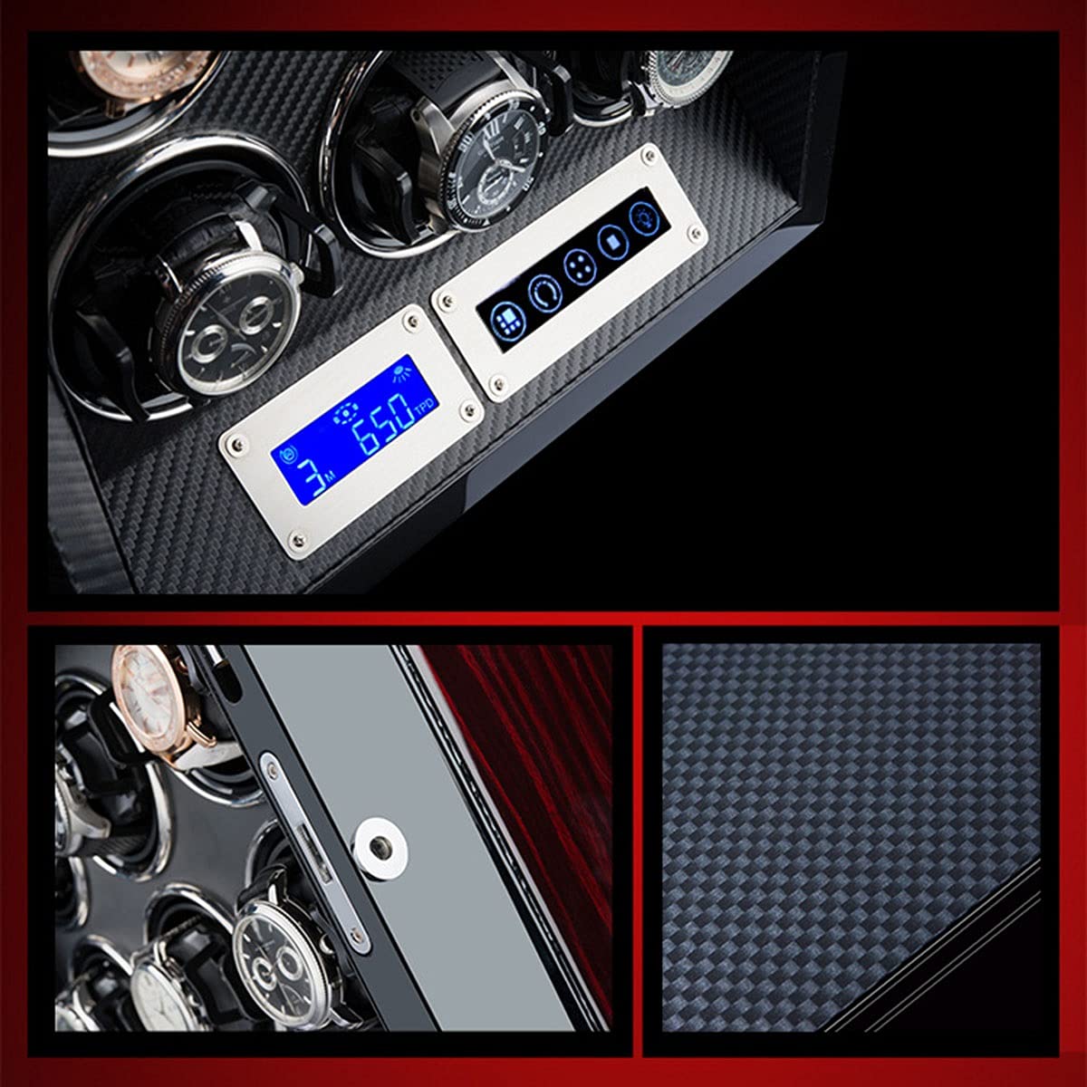 Enrollador de Relojes Enrollador de Relojes para Relojes automáticos Dobles, Almohadillas Ajustables mejoradas para Relojes, con Pantalla táctil LCD y Control Remoto Fibr，Ebony Black-A
