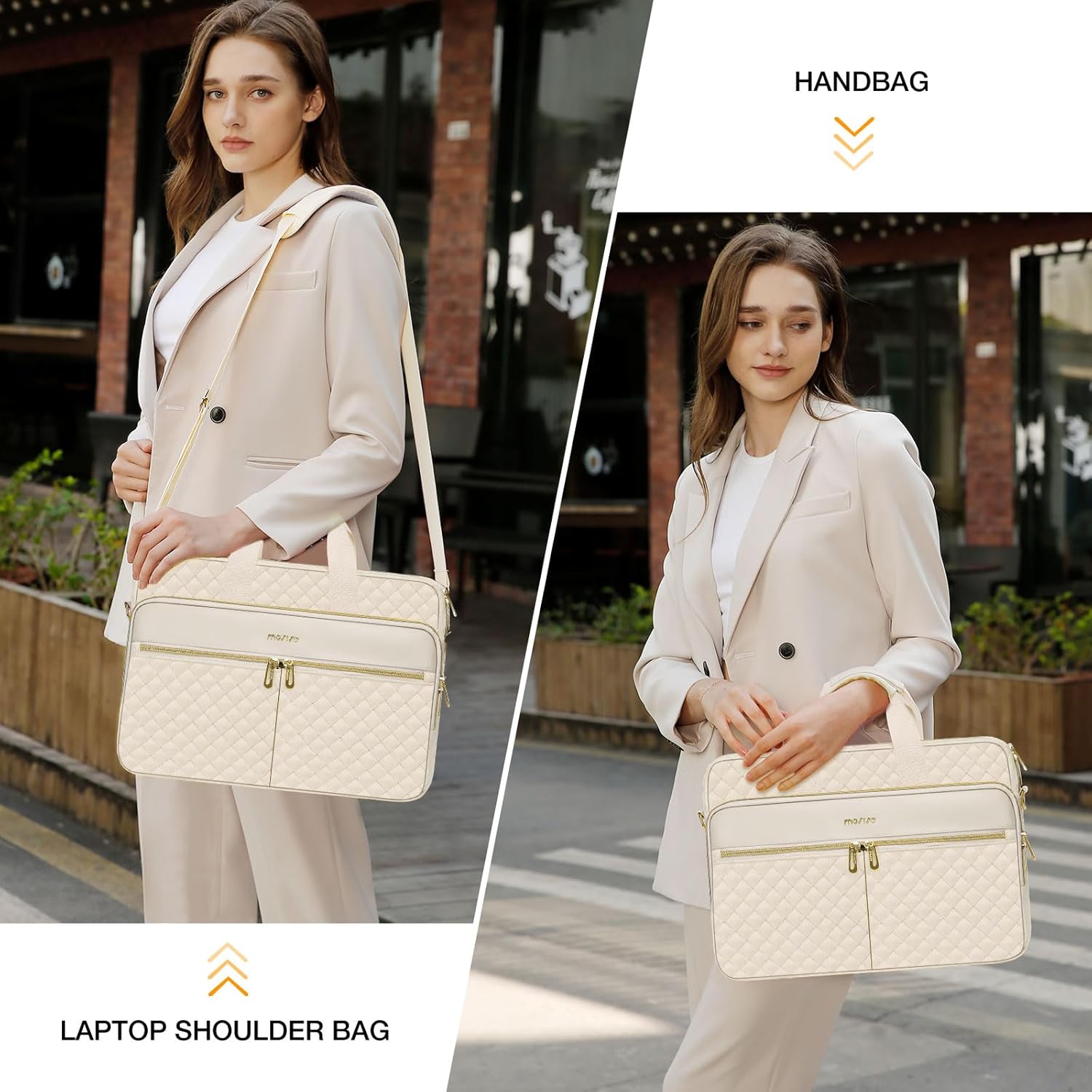 MOSISO 15-15.6 inch Laptop Bag, Briefcase for Women&Men, 16 inch Square Quilted Computer Messenger Bag Office Travel Business with 3 Pockets&Strap, Beige - Image 2