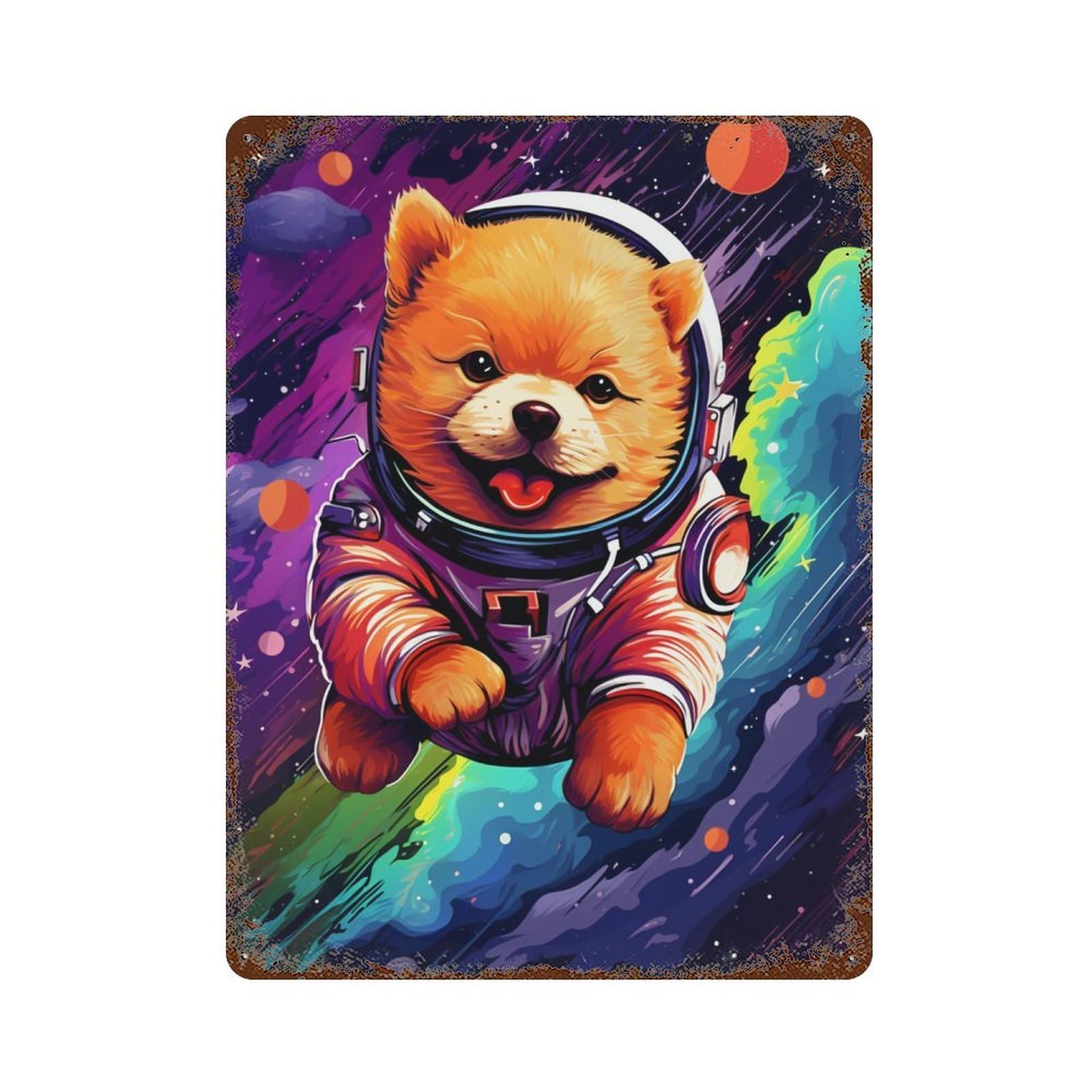 Weathered Tin Sign Space Pomeranian Adventure 15.7"x11.8", Novelty Wall Decor for Basement, Hobby Room And Garage Decor
