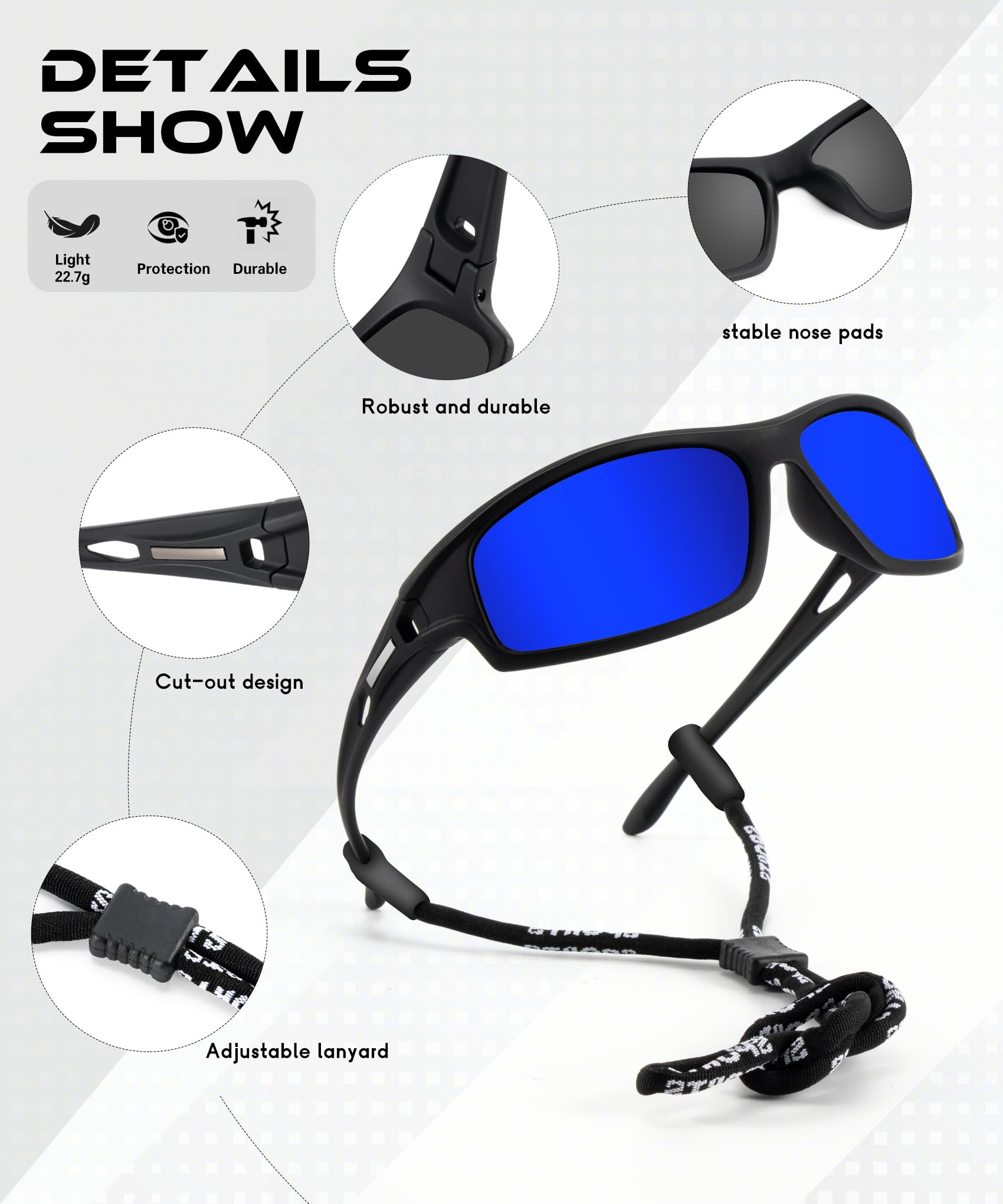 Occhiali da sole polarizzati per uomo, occhiali da sole sportivi per pesca, corsa, protezione UV con cinturino per occhiali da sole, A4-blu ghiaccio/blu scuro/rosso, Medium