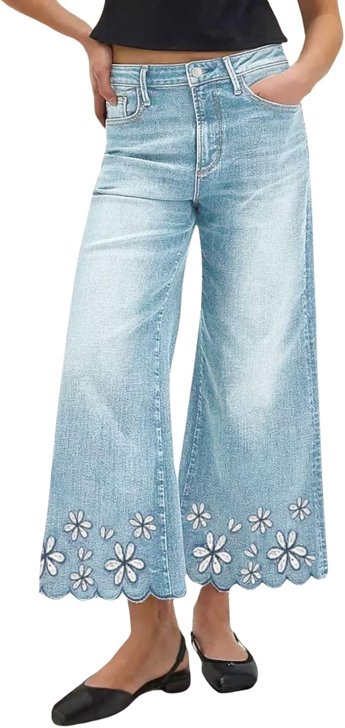 chouyatou Women's Boho Floral Embroidery Wide Leg Jeans Y2k Distressed Baggy Jeans High Waisted Cropped Denim Pants