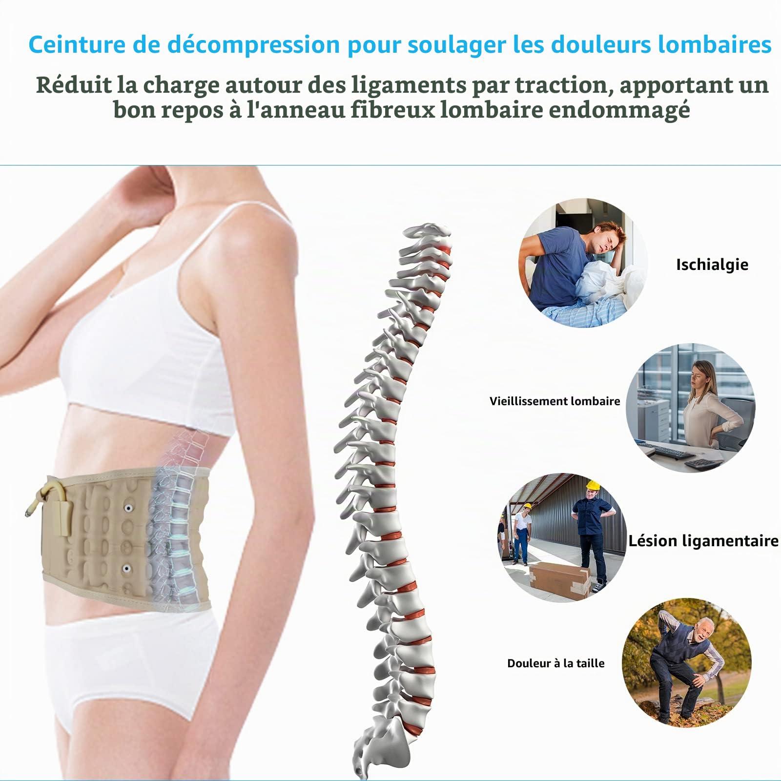 Ceinture Dorsale De Décompression - Ceinture De Soutien Lombaire Pour Les Hommes Et Les Femmes, Dispositif De Traction Dorsale Adapté Au Tour De Taille 74-124 cm (Beige)