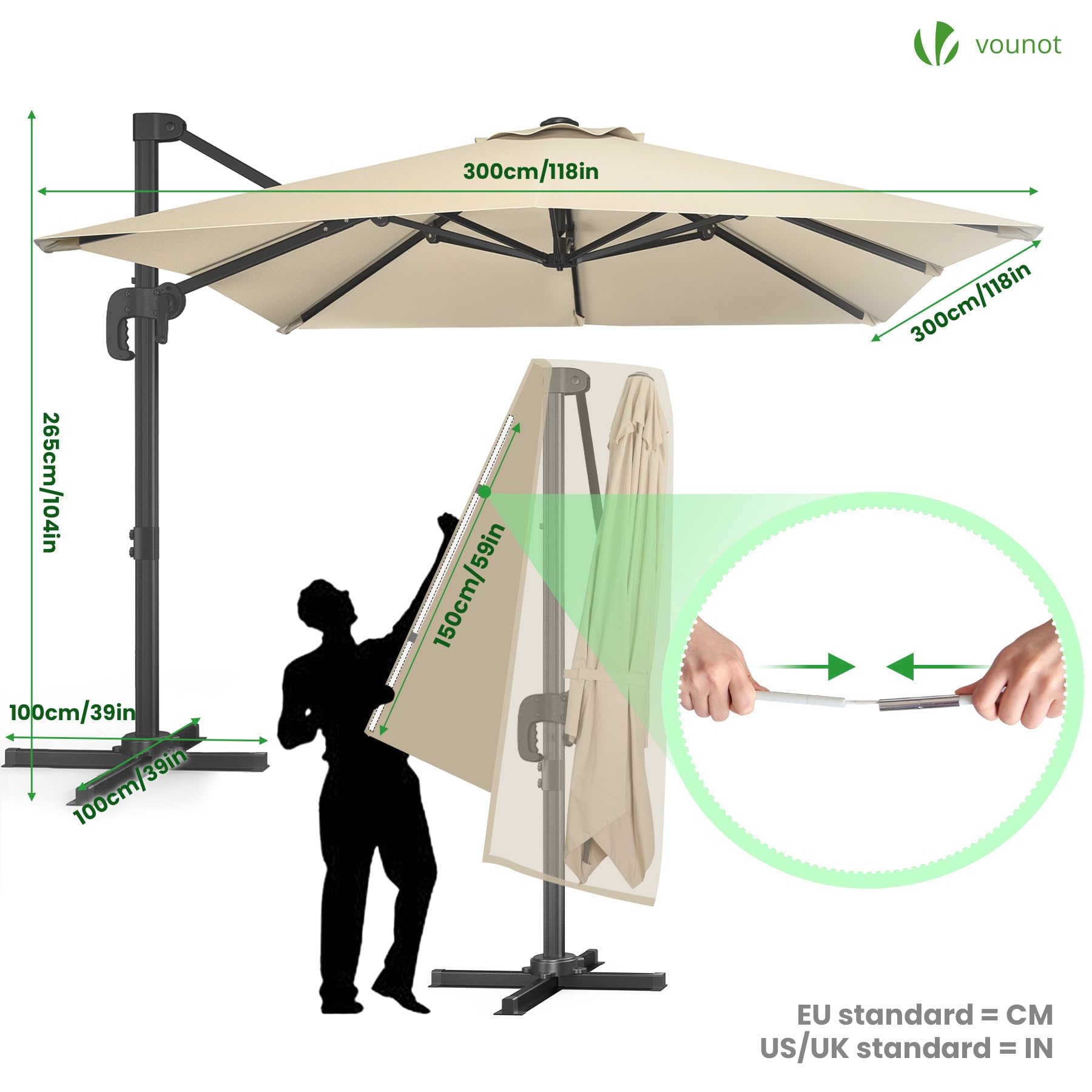 vounot® Parasol Déporté Carré 3x3M avec 8 Baleines Parasol de Jardin Extérieur Rotation 360° Inclinable 6 Positions Toile Polyester Anti UV et Imperméable avec Housse Beige Foncé