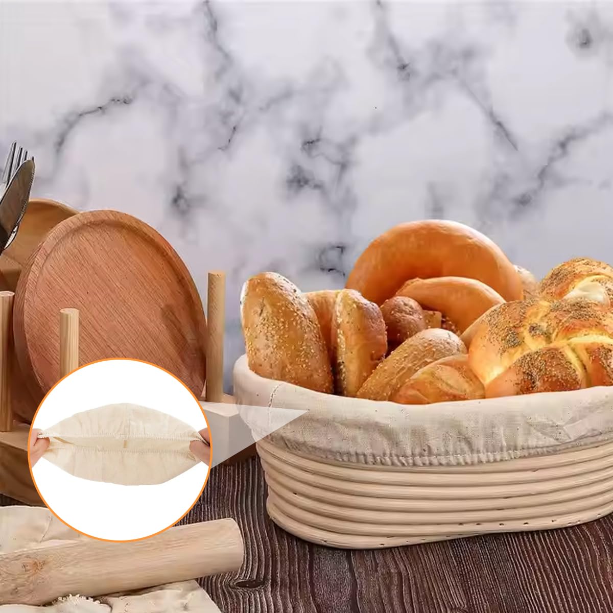 4 Pezzi Cestino da Lievitazione, 25 cm Cestino Rotondo da Lievitazione, Cesto in Rattan Naturale con Tela di Lino, Cestino per La Fermentazione, Accessori per Cottura Del Pane