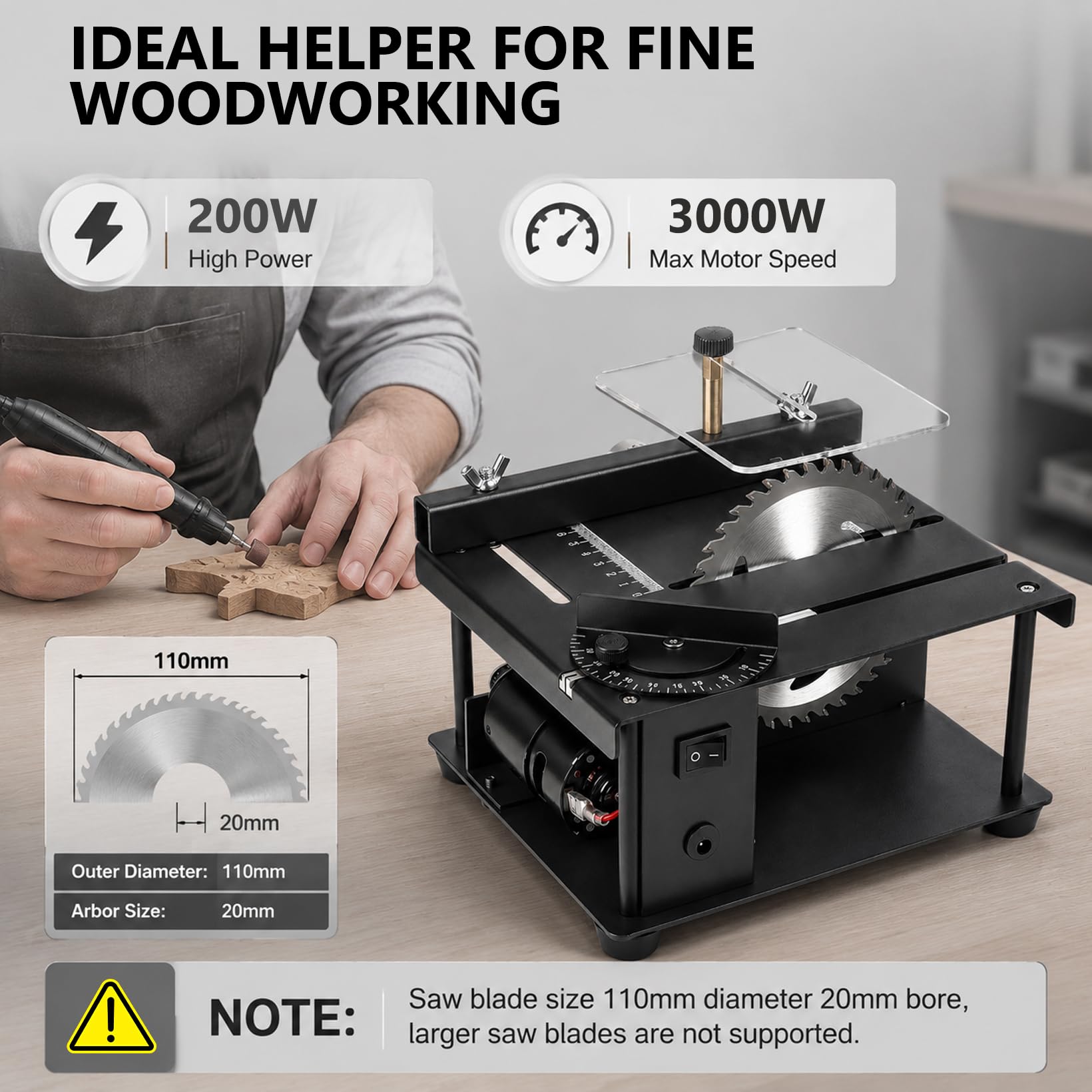 Mini piła stołowa 200 W 3000 obr./min z elastycznym wałkiem do grawerowania – piła elektryczna z 4 ostrzami uchwytu, kąt cięcia 0–90° i głębokość 35 mm