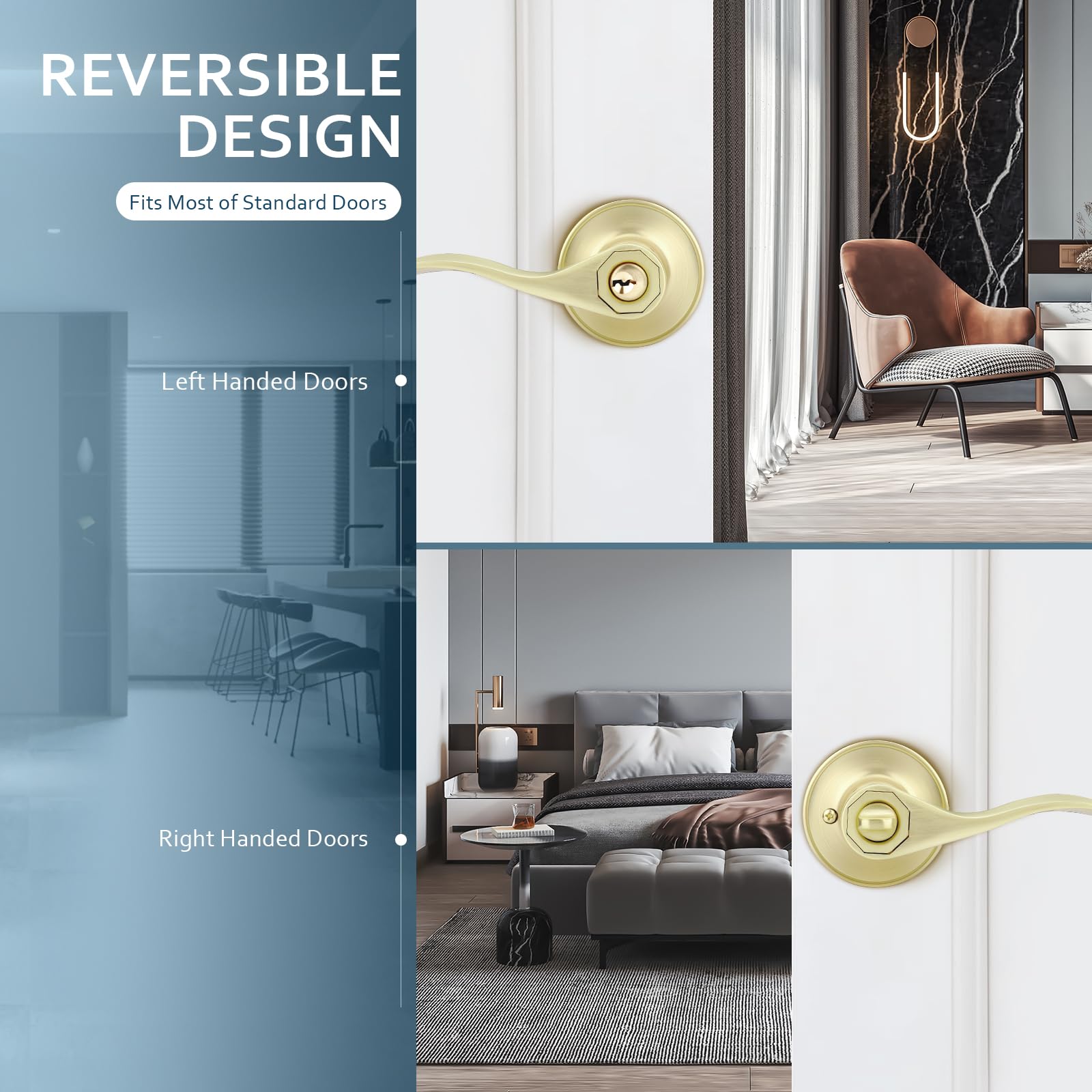 EHOMEWARE 2 pomos de puerta de entrada con llave igual con cerradura y llave, manijas de puerta de latón satinado dorado interior, manijas de puerta de latón satinado exterior, manijas de puerta a