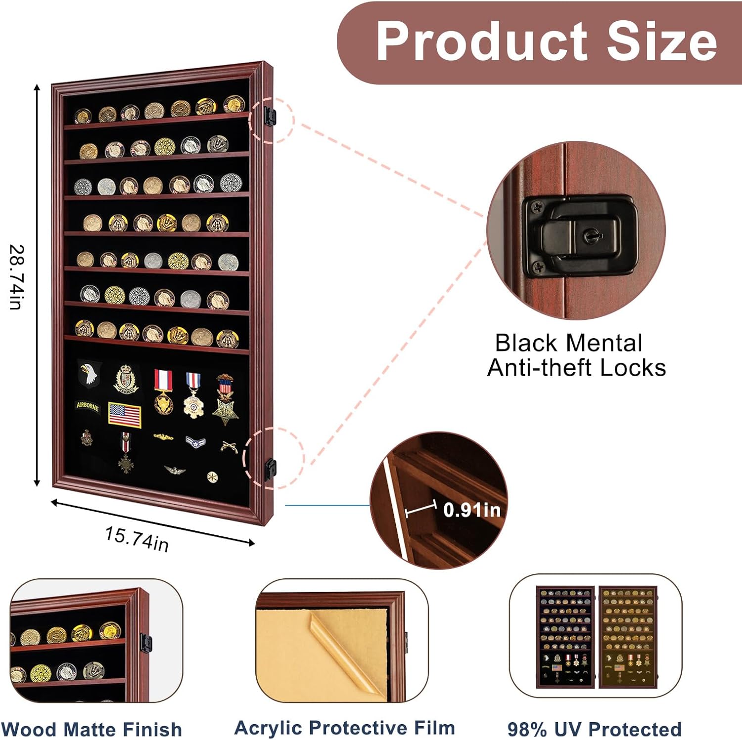 Verani Medals Display Case - Military Challenge Coin Display Shadow Box - Pin Display Cabinet with Removable Shelves and Pinnable Background for Badges Ribbons Insignia Buttons Overized Mahogany Rectangle-Mahogany Oversized
