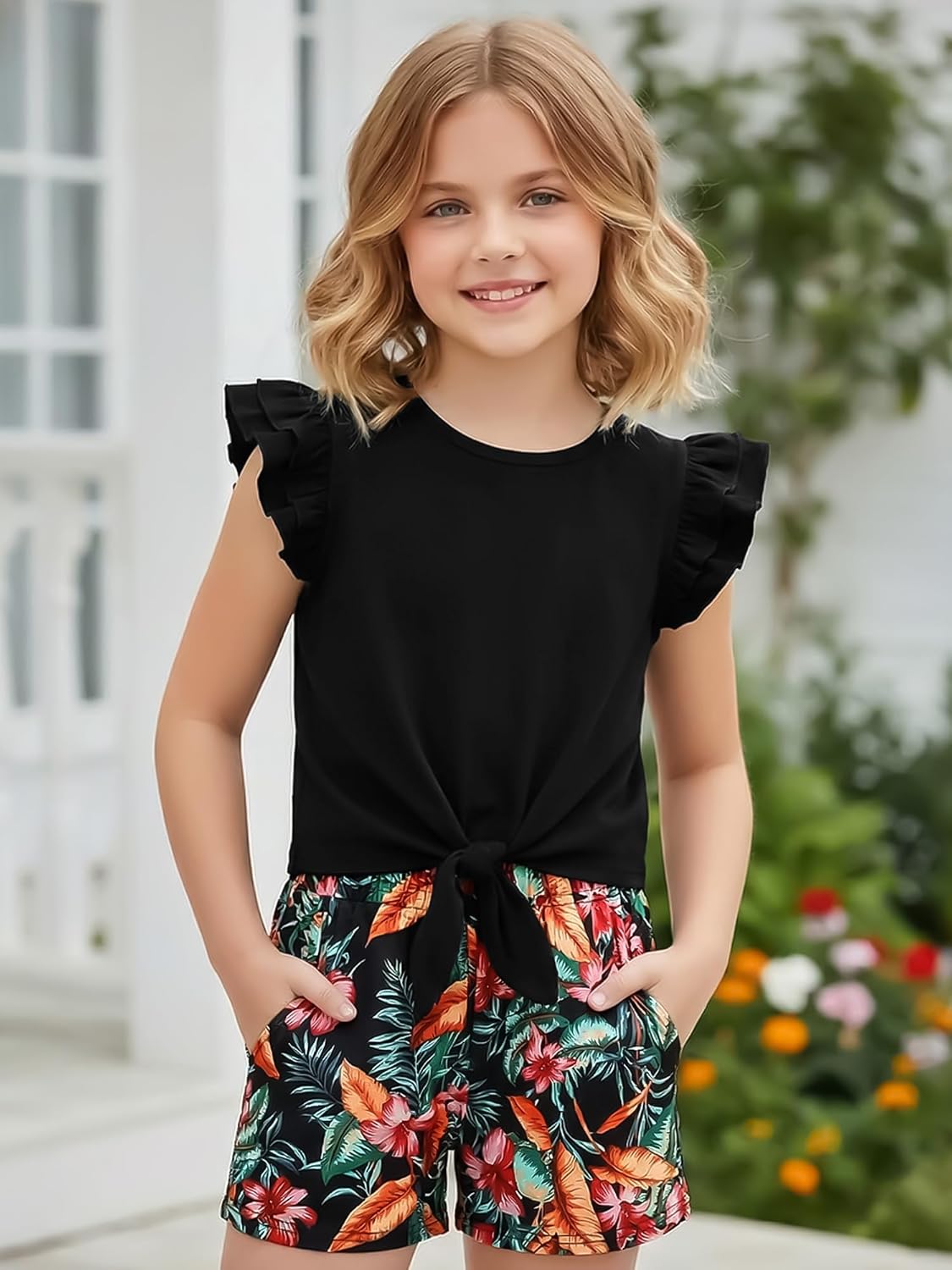 AMAWMW Kids Girls 2 Piece Outfits Summer Clothes Short Sleeve Tie Knot Ruffle Shirts Tops Floral Shorts Sets with Pockets - Image 3