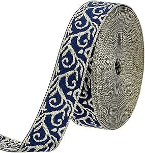 Ruban Jacquard Brodé Floral Vintage (9,1 M X 2 Cm) - Pour Couture, Décoration De Vêtements, Sacs, Accessoires - Motif Bleu Et Doré