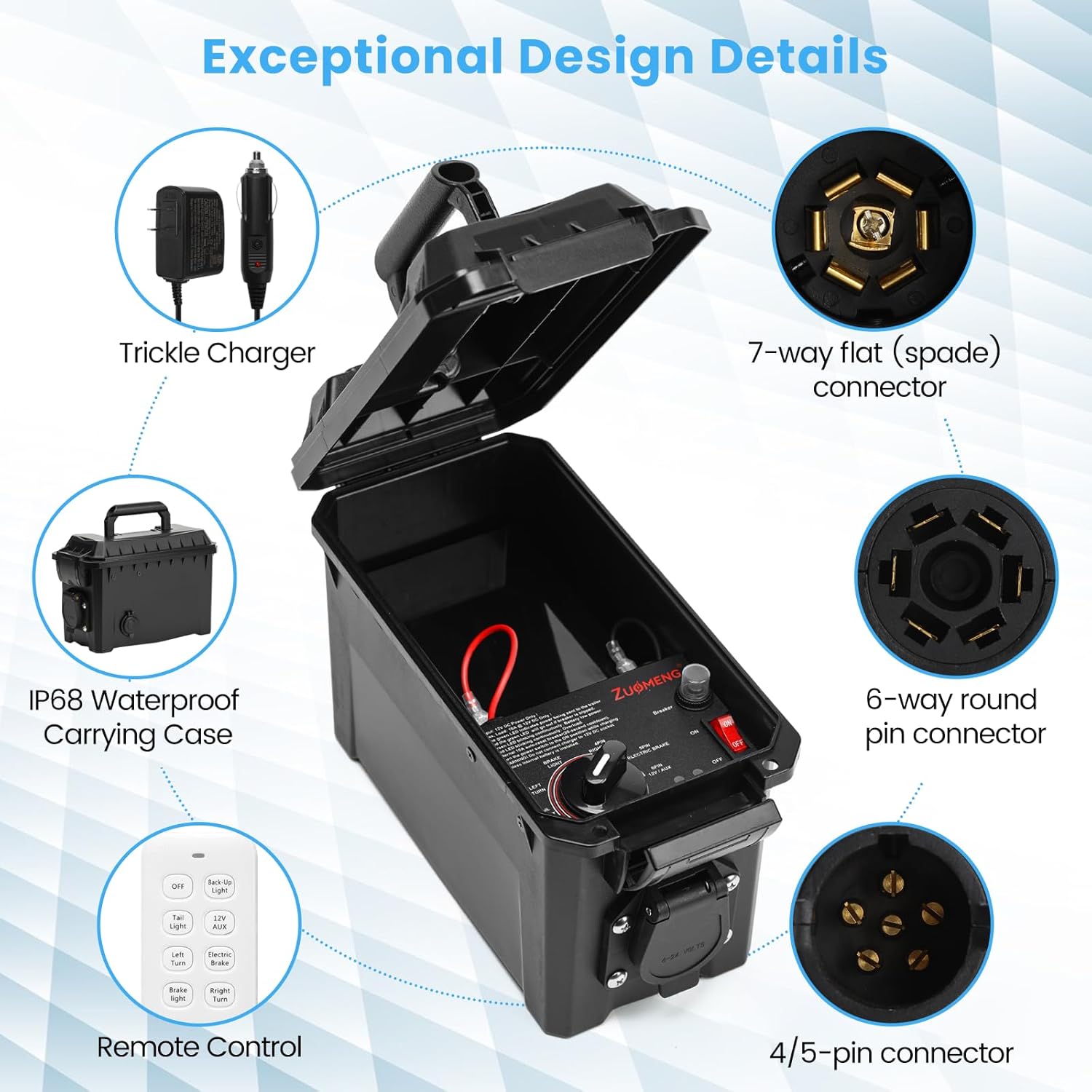 Trailer Light & Electric Brake Tester with 12V 10Ah Battery, Tests 7-Spade, 6-Round and 4/5-Flat Pin Type Trailer Harnesses, Upgrade Wireless Remote Control, IP68 Waterproof Case