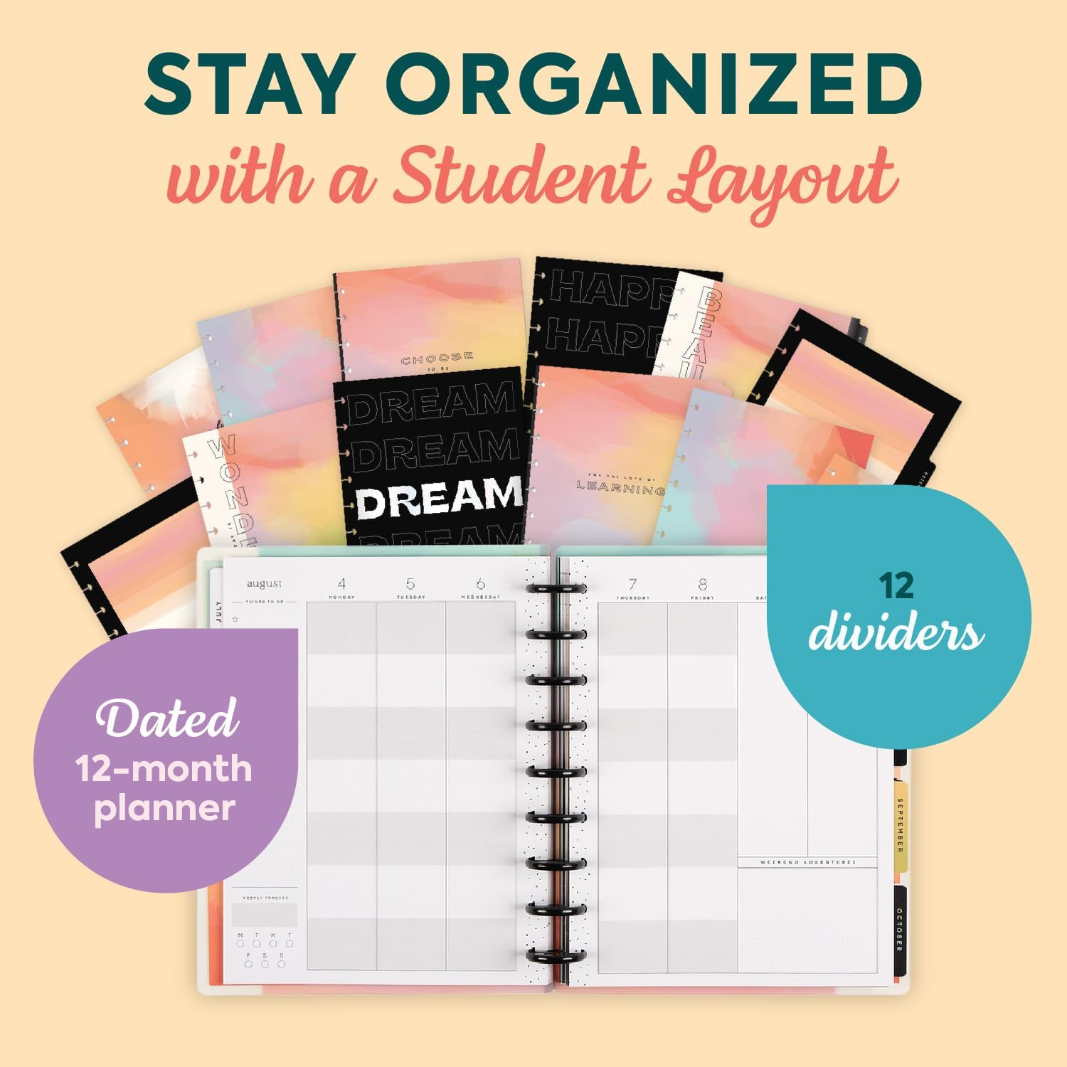 Happy Planner Disc-Bound 12-Month July 2025–June 2026 Planner with 3 Extra Months, Classic Size, Student Layout, Painted Gradients - Image 3