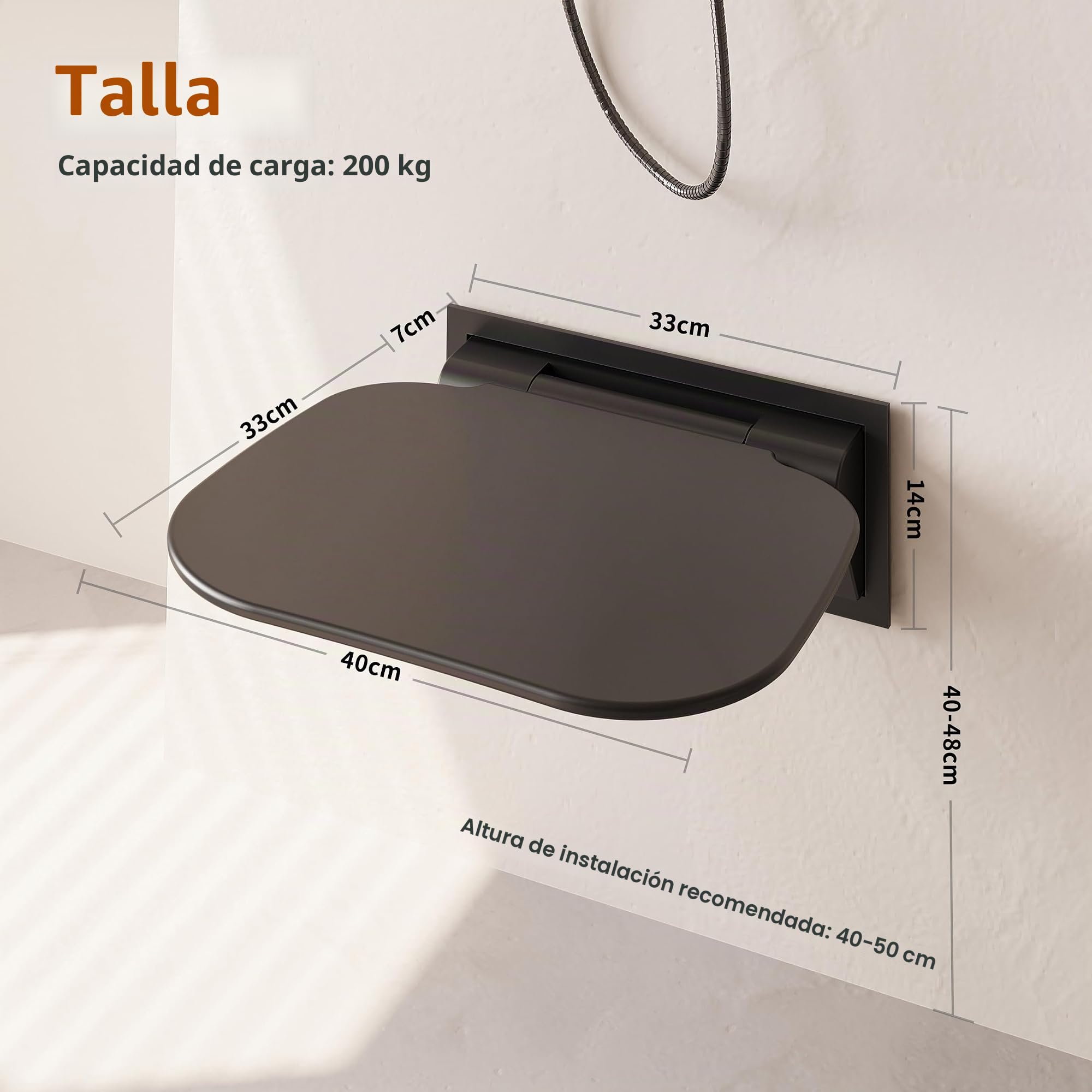 Asiento de ducha ampliado plegable montado en la pared, color negro, 40 × 39 cm, taburete de ducha para baño, silla de ducha plegable para reinstalación y renovación de baño