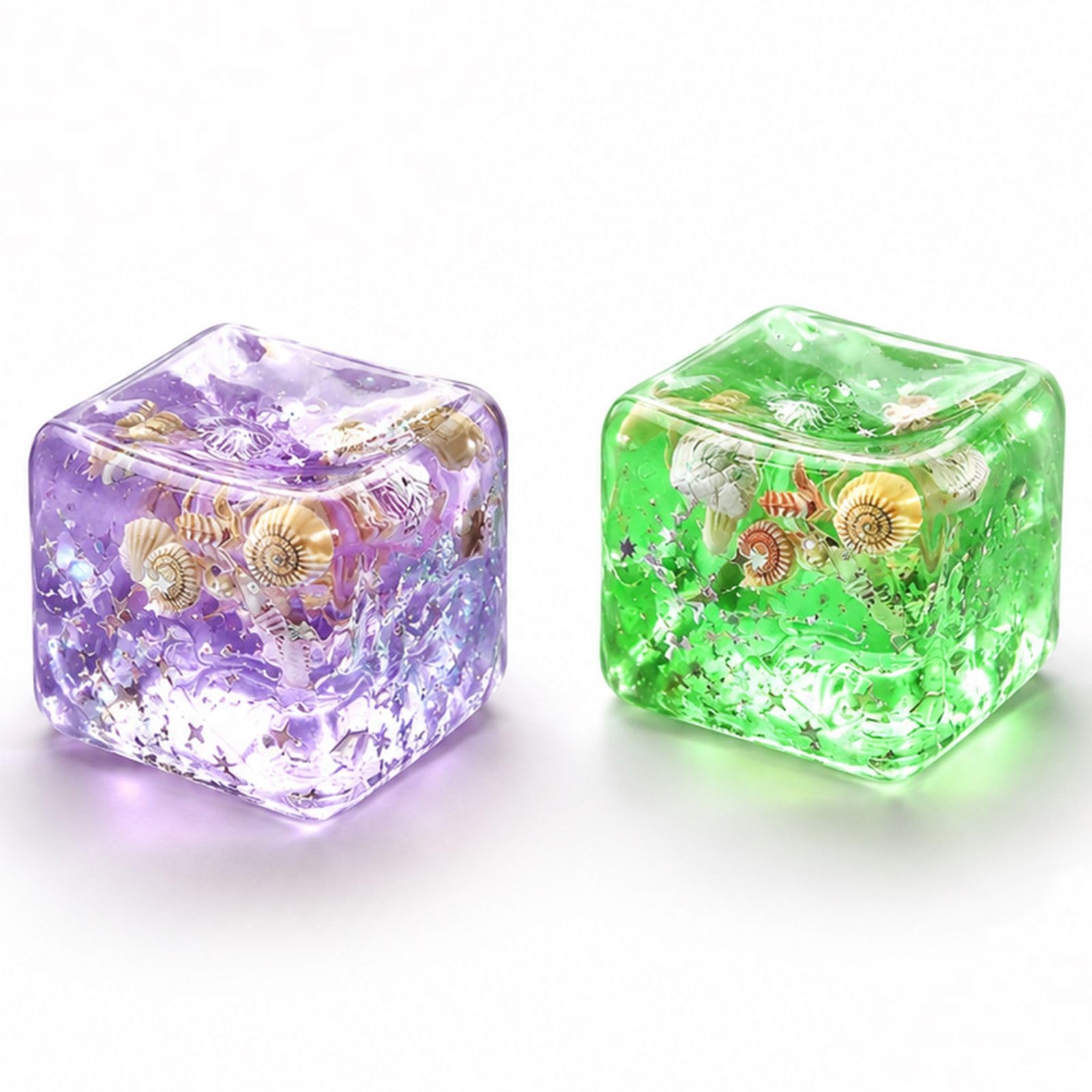 2-Pack Square Cube, Ice Cube Fidget , Slow Rise Squishies Desk with Ocean Shell Design (Purple and Green)