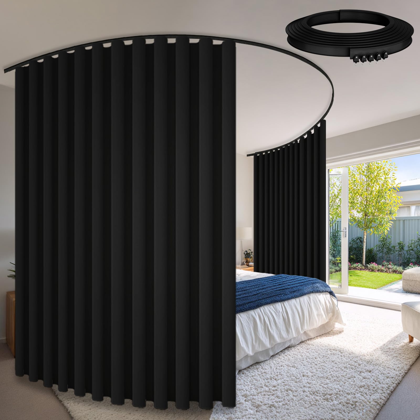 Room Divider Curtains &amp; Flexible Bendable Tracks Set,Privacy Dividers Ceiling Track Curtain Window Blackout Curtains for Living Room Bedroom (W100×H84 in 2 Panels Black Drape &amp; Black Rail 16.4FT/5M)