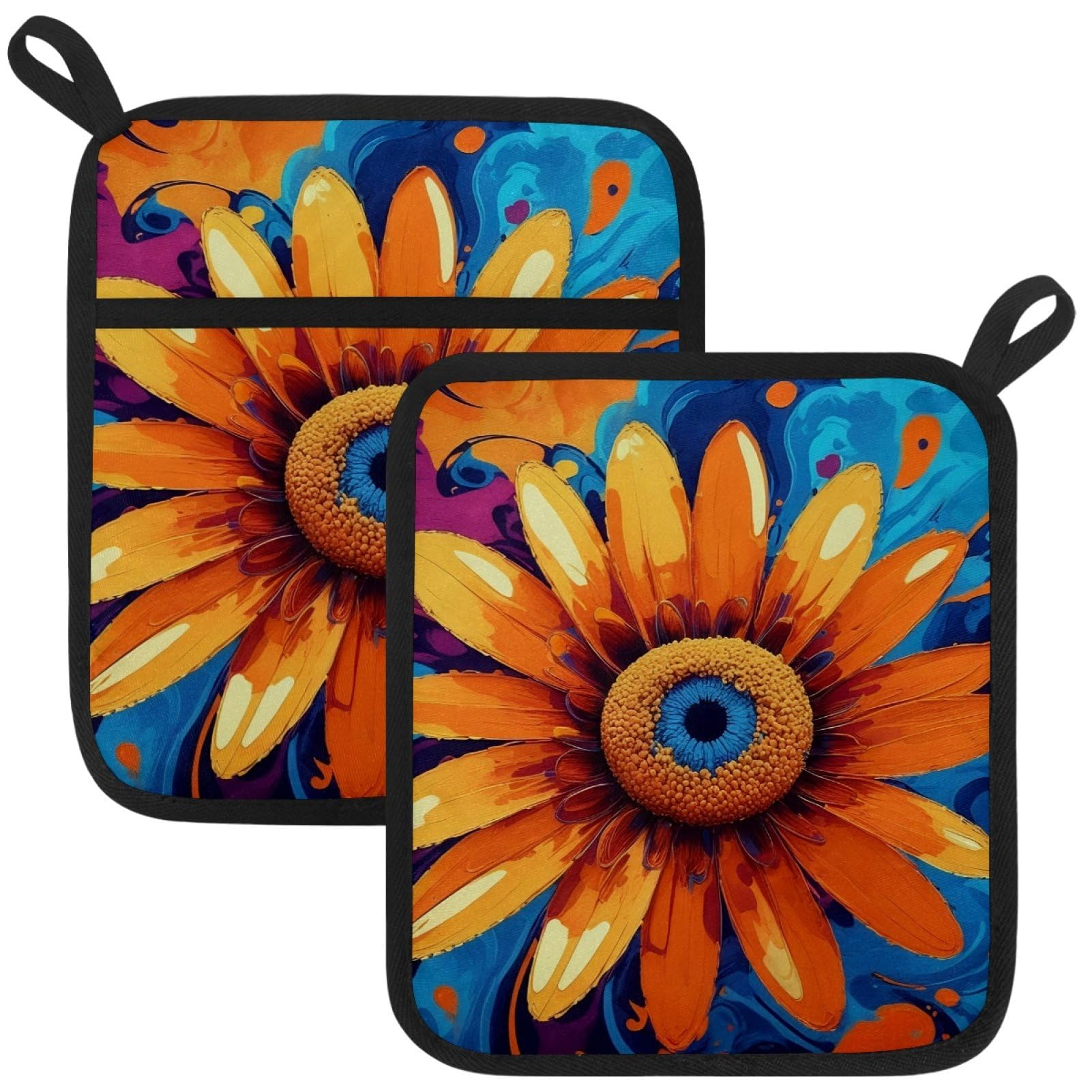 VAPOKF Sunflower Pot Holders with Pocket for Kitchen Heat Resistant Potholders Large Polyester-Cotton Square Oven Mitts Set