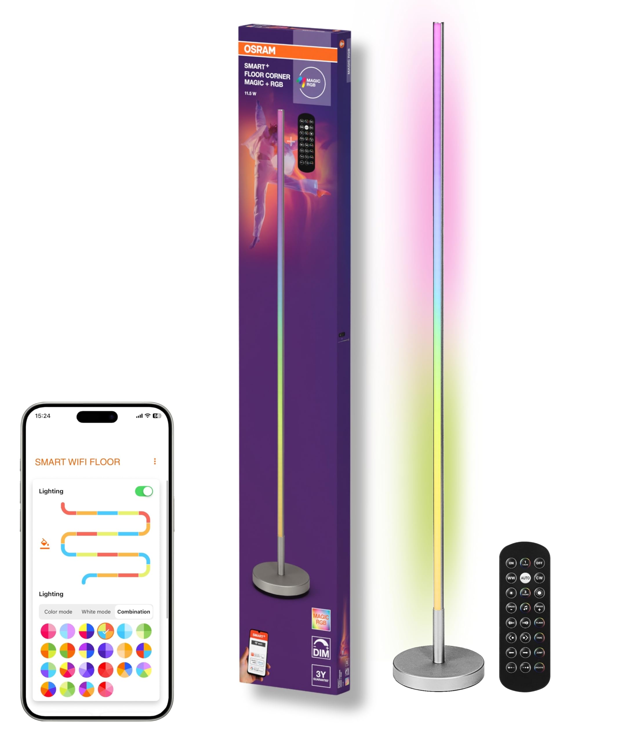 Osram Smarte LED-Eck-Stehleuchte, 7.5W, mit Magic RGB für diverse Farben und Lichteffekte, silber, mit Fernbedienung, IP20, LED nicht austauschbar, dimmbar
